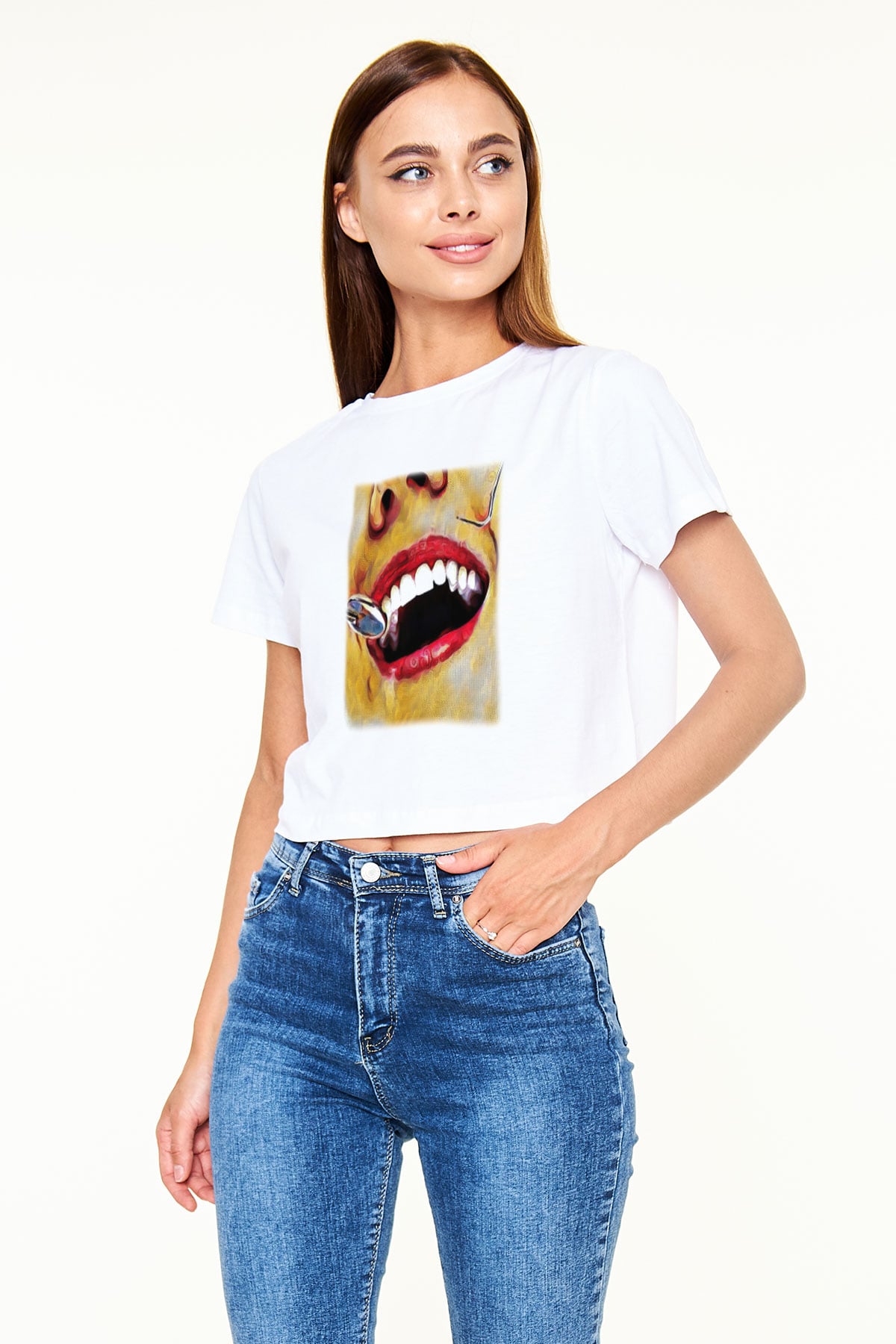 Diş hekimi Beyaz Croptop Tişört
