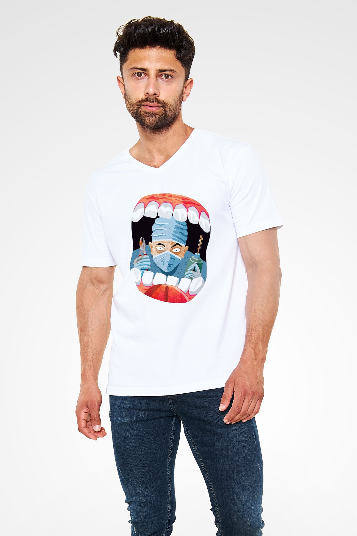 Diş hekimi Beyaz Unisex V Yaka Tişört T-Shirt