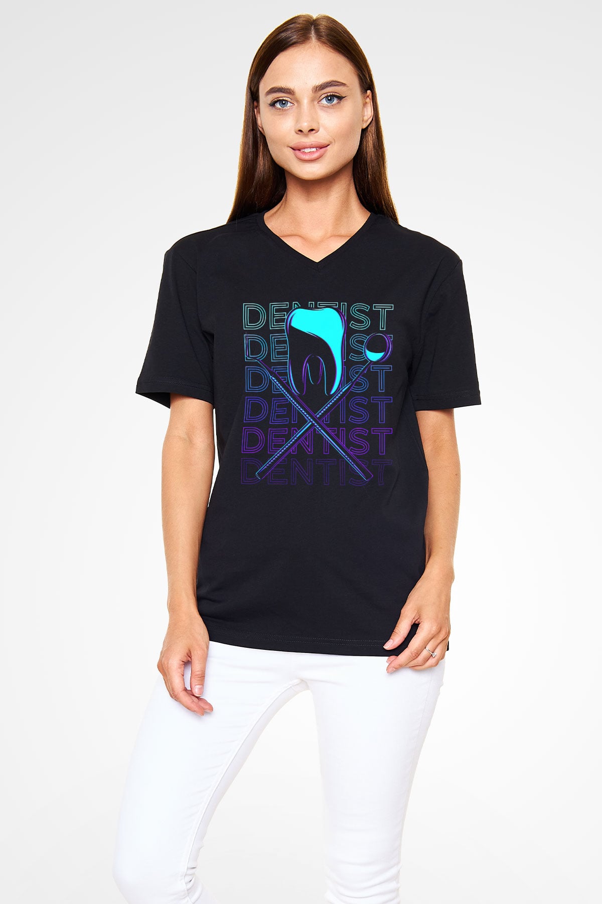 Diş Hekimi Siyah Unisex V Yaka Tişört