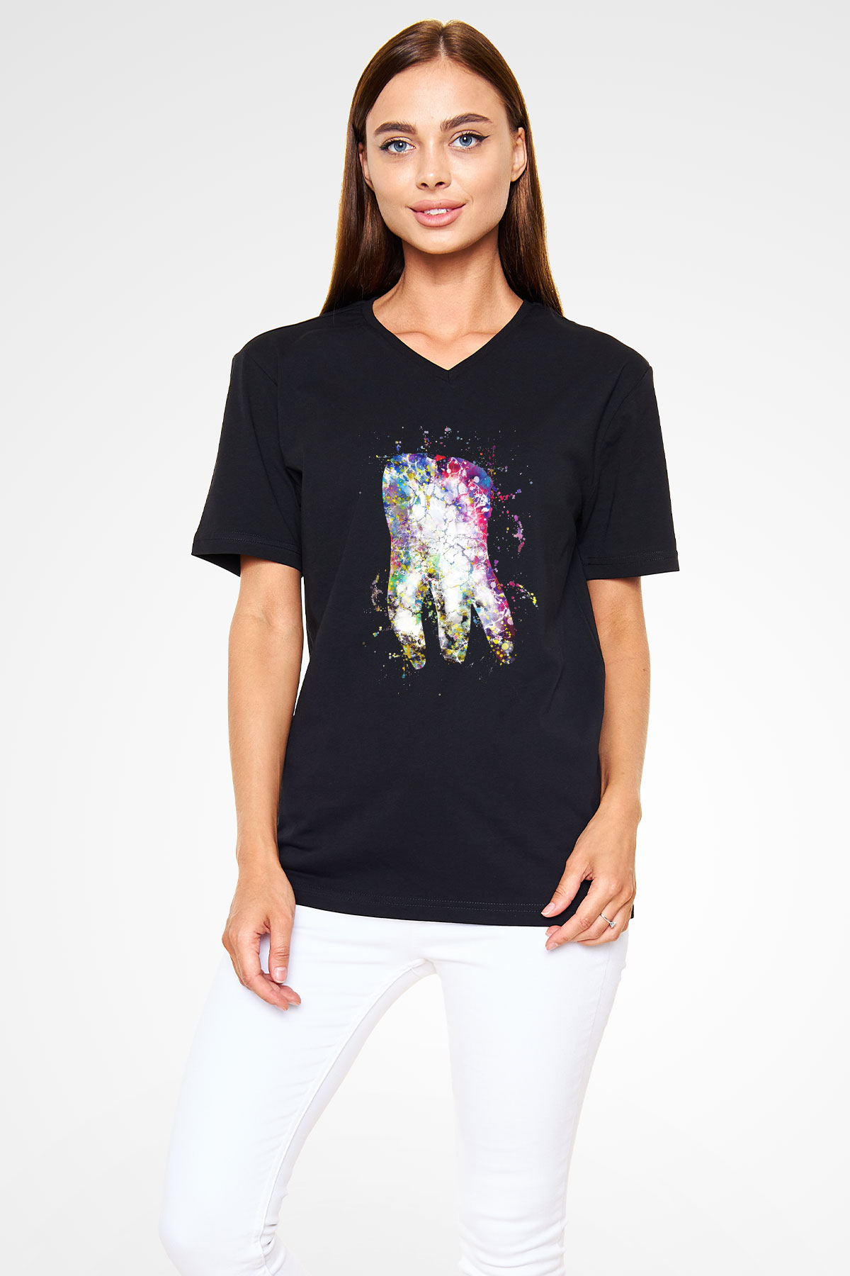 Diş İllustrasyon Baskılı Unisex V Yaka Siyah Tİşört - Tshirt
