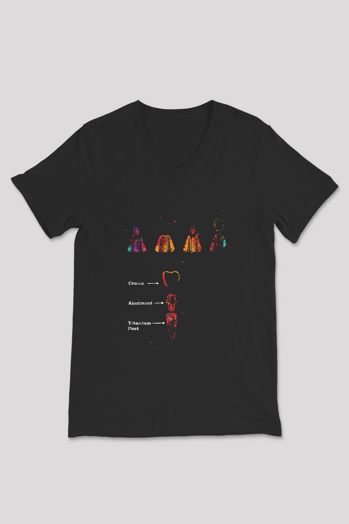 Diş İmplantları Baskılı Unisex V Yaka Siyah Tİşört - Tshirt