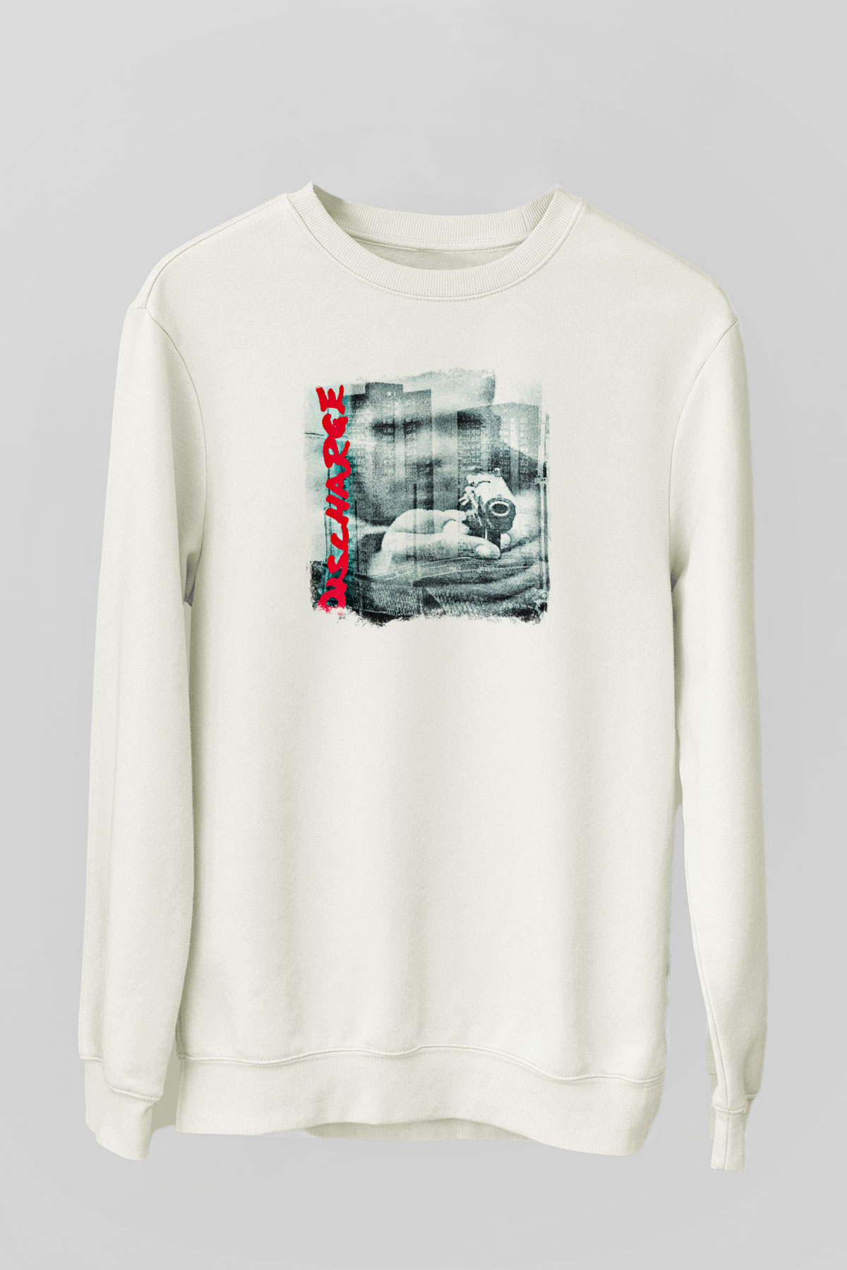 Discharge Baskılı Unisex Beyaz Sweatshirt