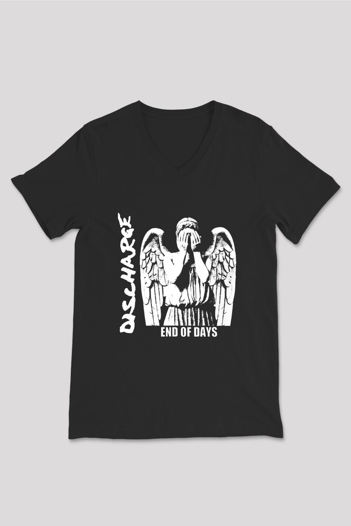 Discharge Baskılı Unisex Siyah V Yaka Tişört