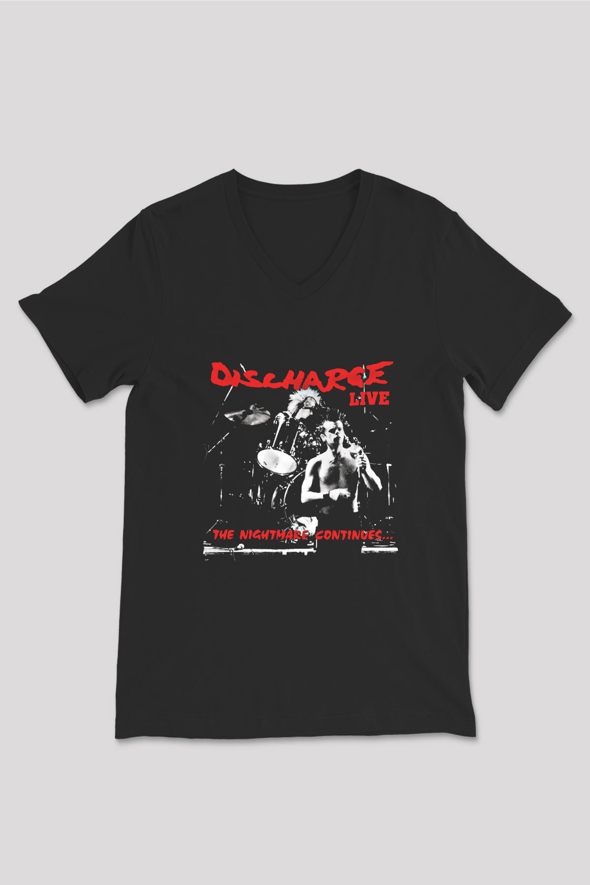 Discharge Baskılı Unisex Siyah V Yaka Tişört