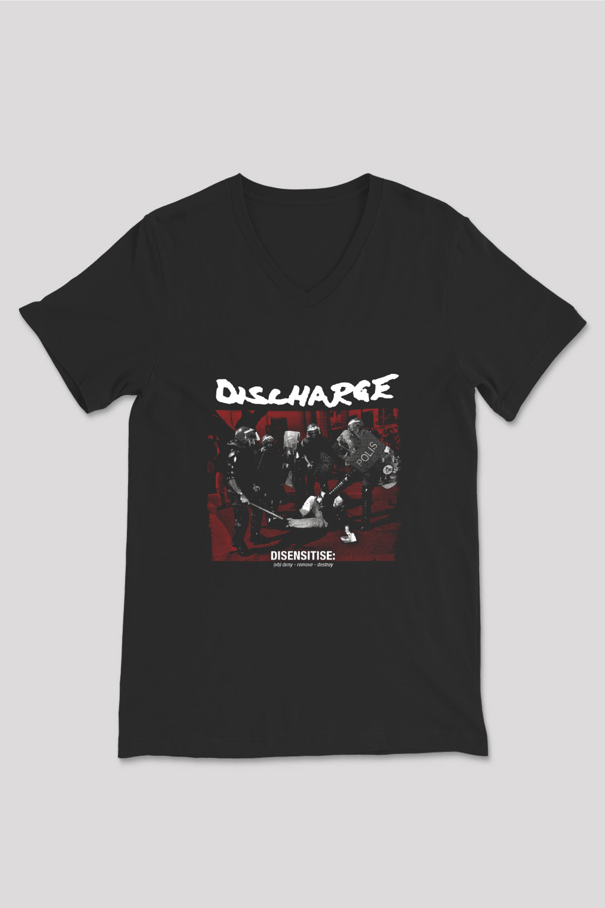 Discharge Baskılı Unisex Siyah V Yaka Tişört