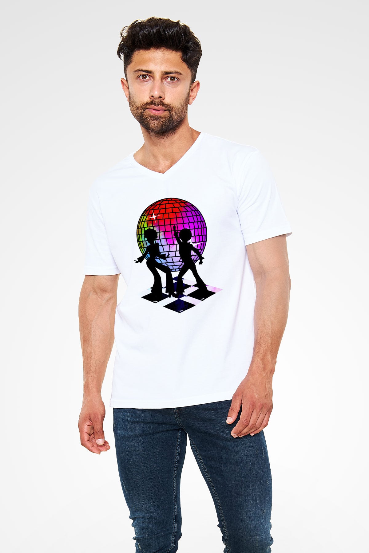 Disko Beyaz Unisex V Yaka Tişört