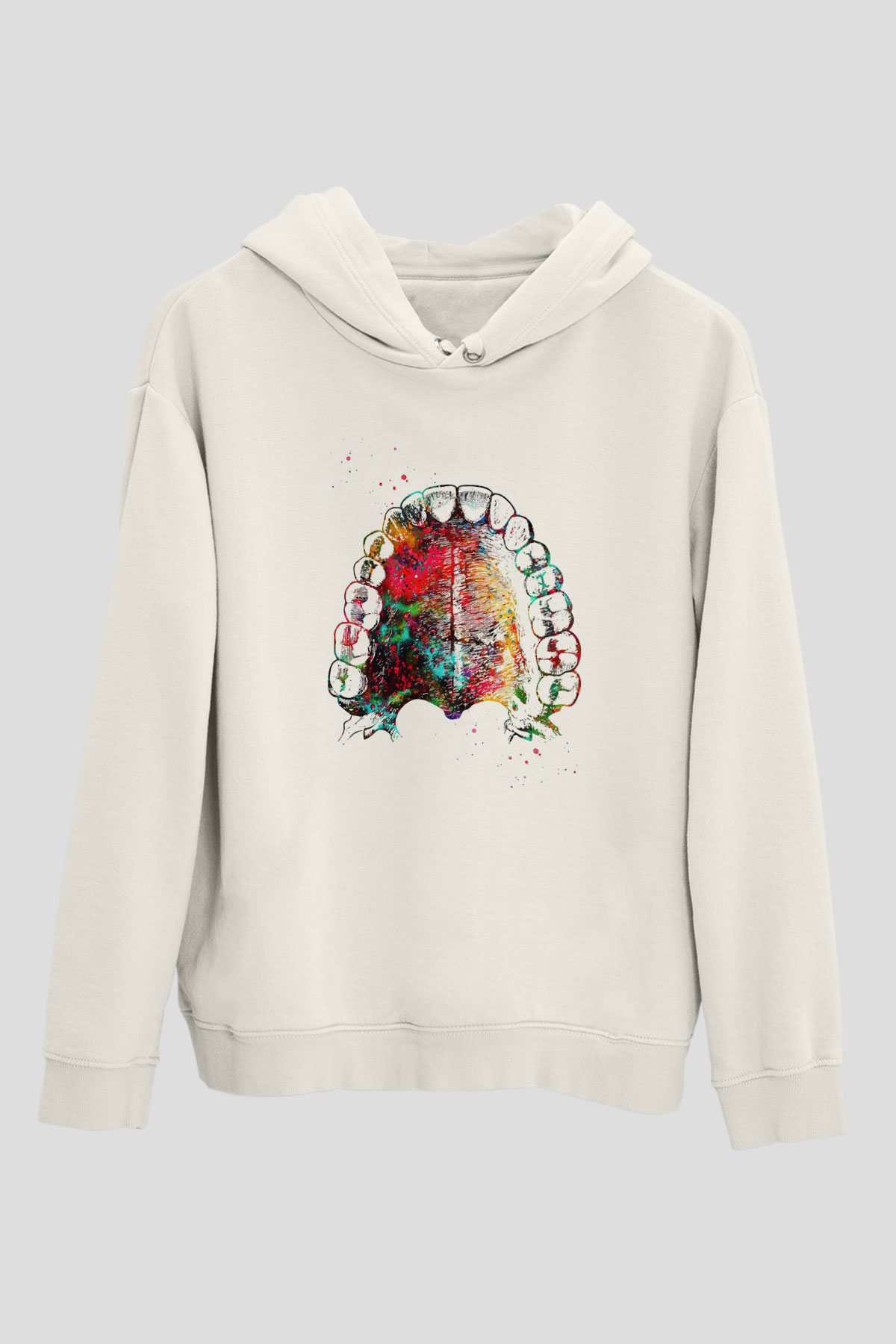 Dişler Renkli Baskılı Unisex Ekru Hoodie