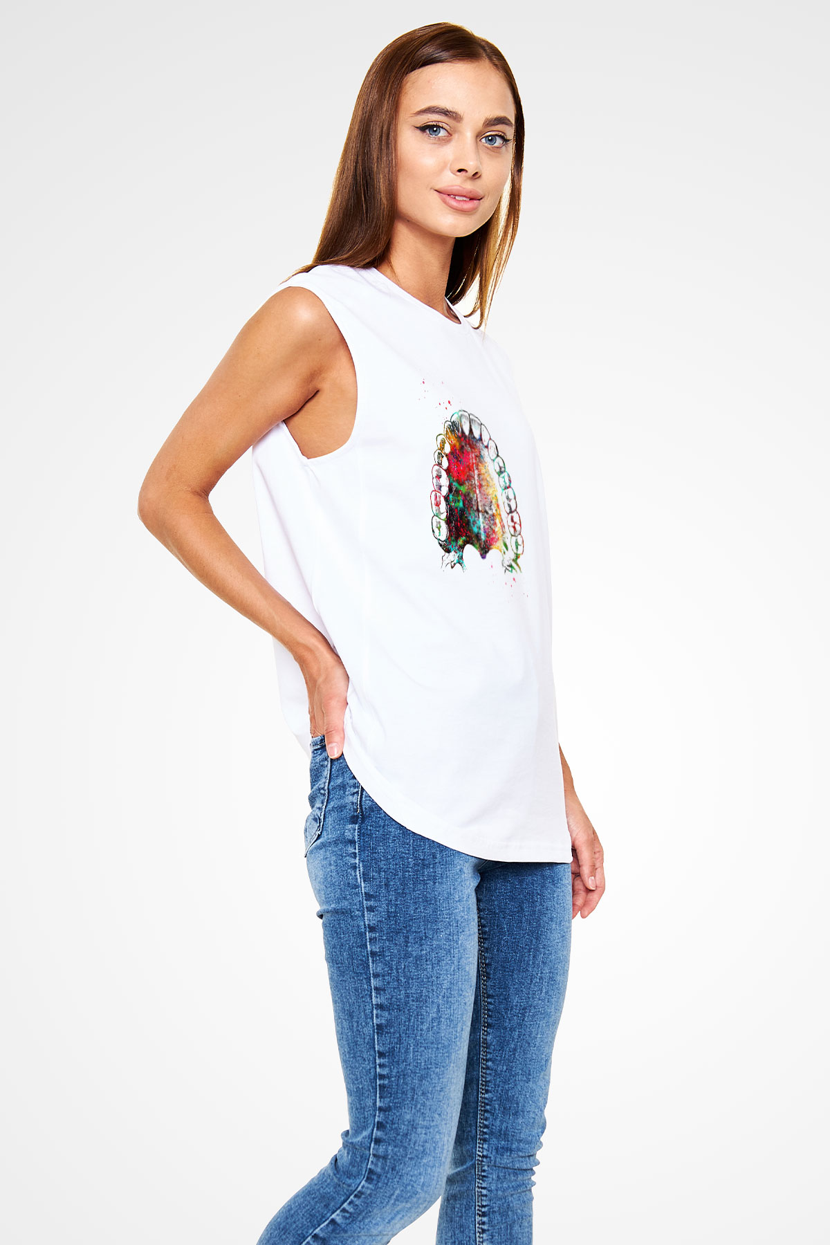 Dişler Renkli Baskılı Unisex Kolsuz Beyaz Tişört - Tshirt