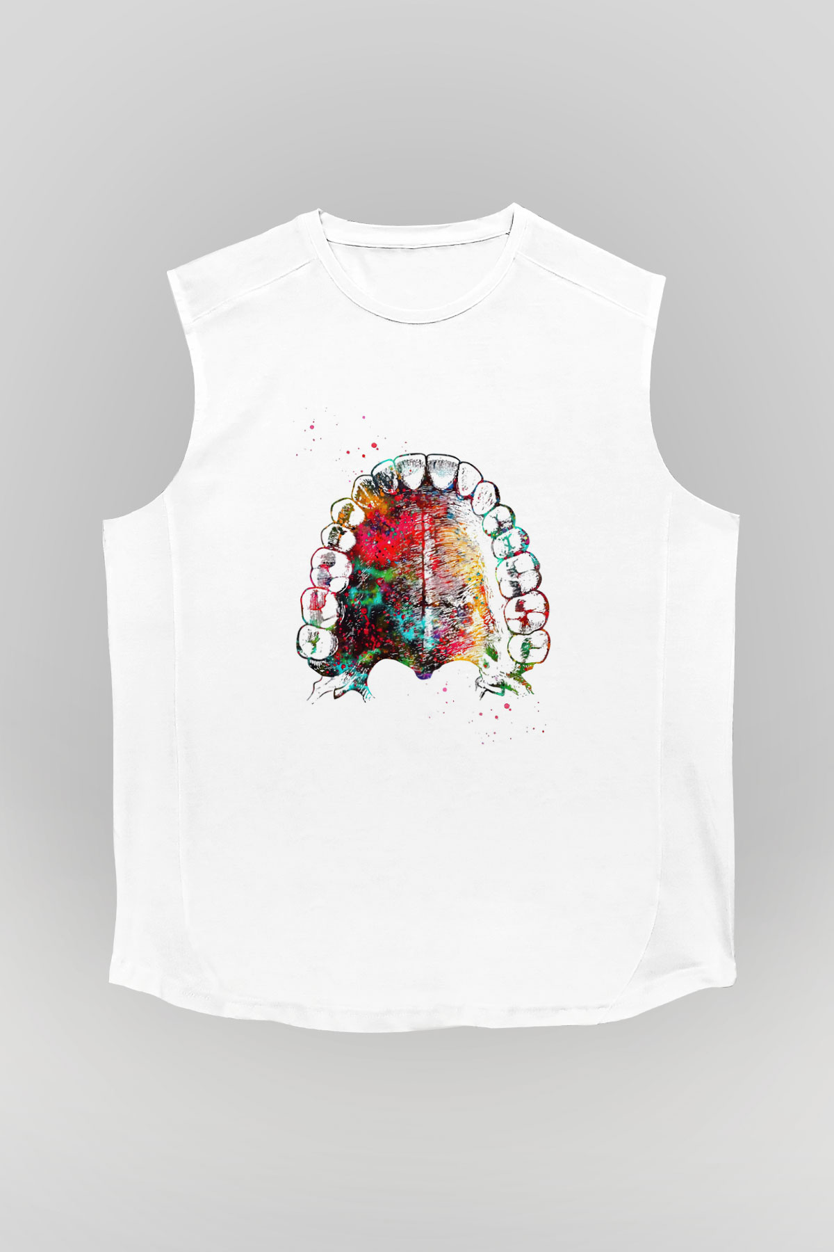 Dişler Renkli Baskılı Unisex Kolsuz Beyaz Tişört - Tshirt