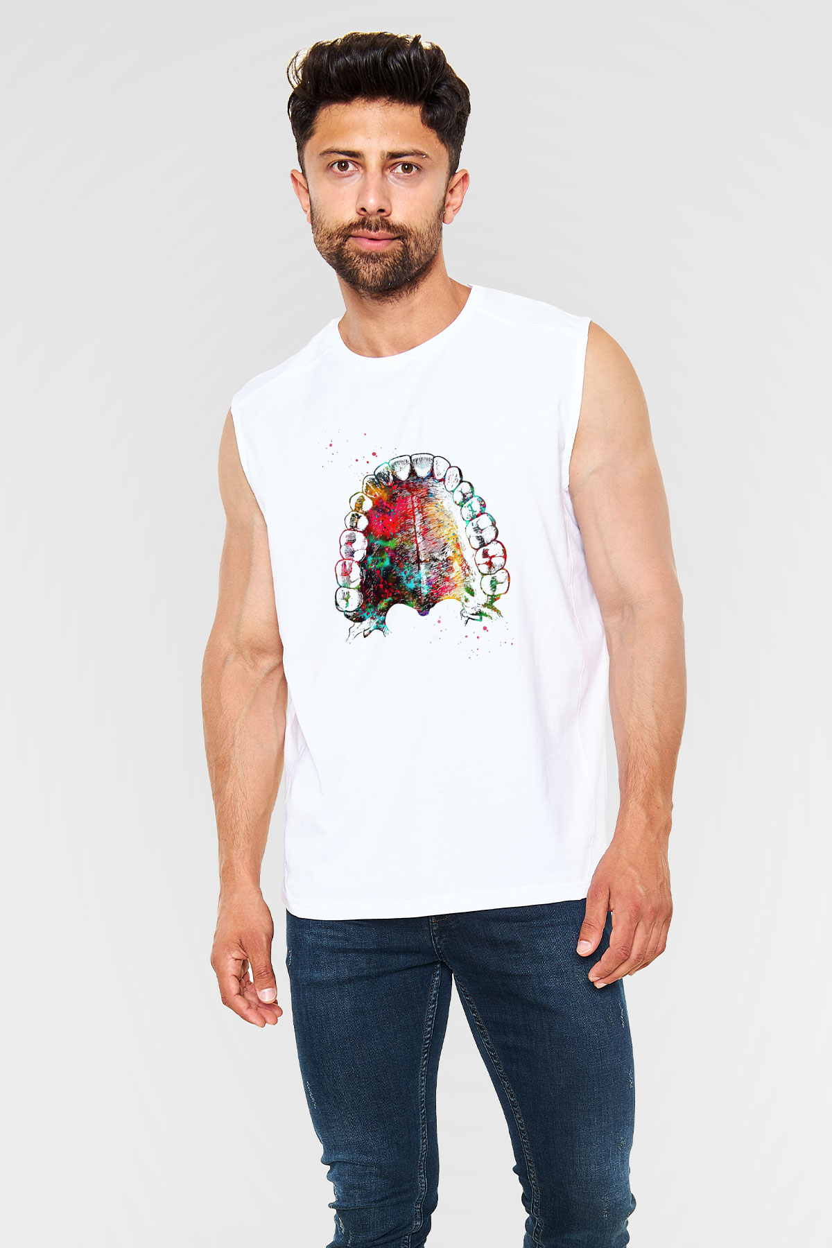 Dişler Renkli Baskılı Unisex Kolsuz Beyaz Tişört - Tshirt