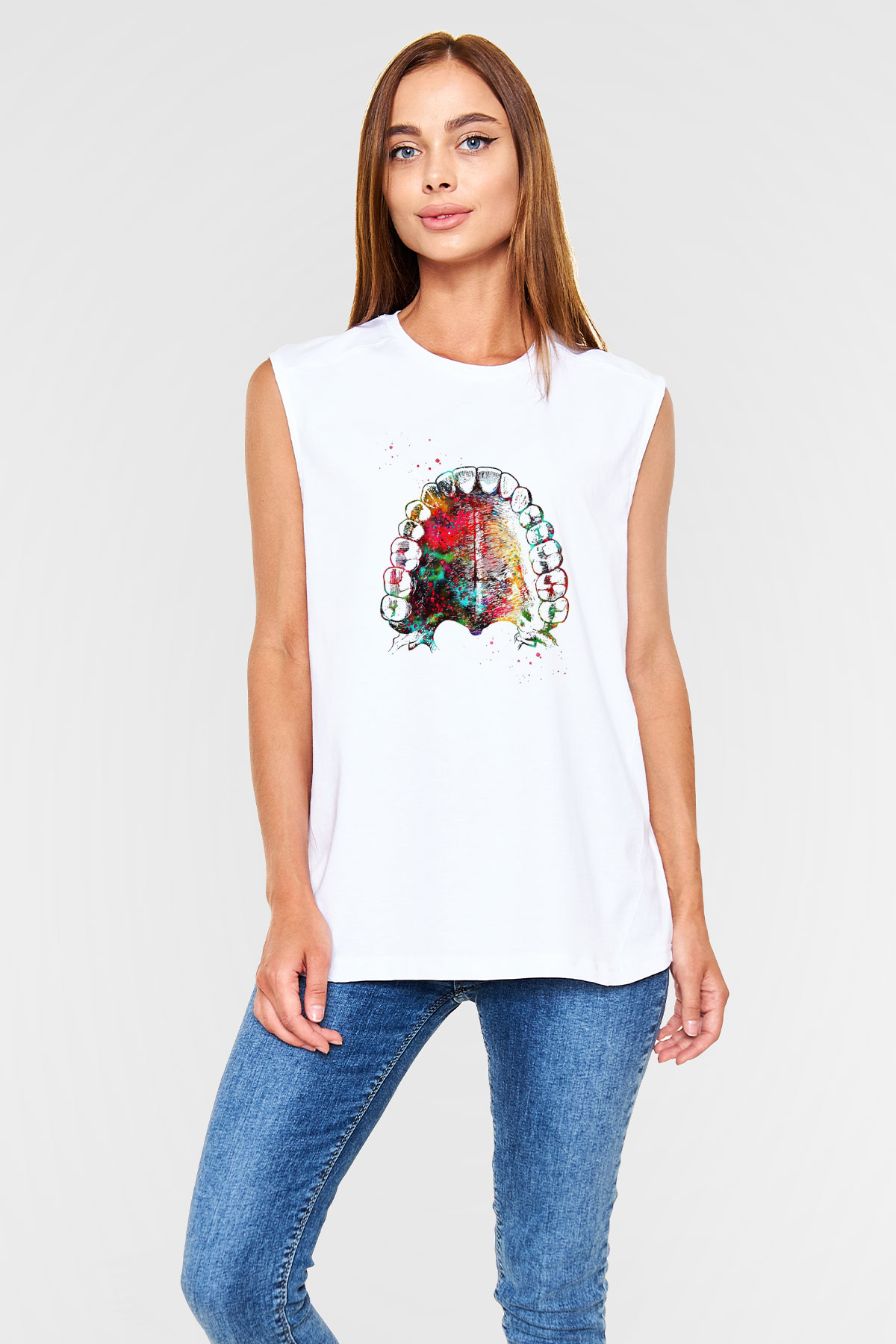 Dişler Renkli Baskılı Unisex Kolsuz Beyaz Tişört - Tshirt