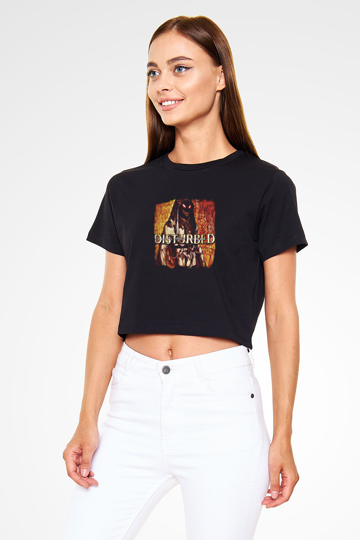 Disturbed Baskılı Unisex Siyah Crop Top Tişört