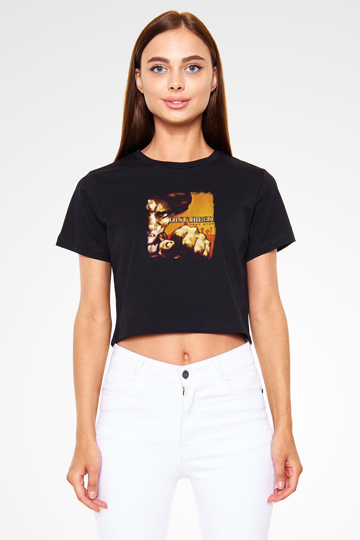 Disturbed Baskılı Unisex Siyah Crop Top Tişört