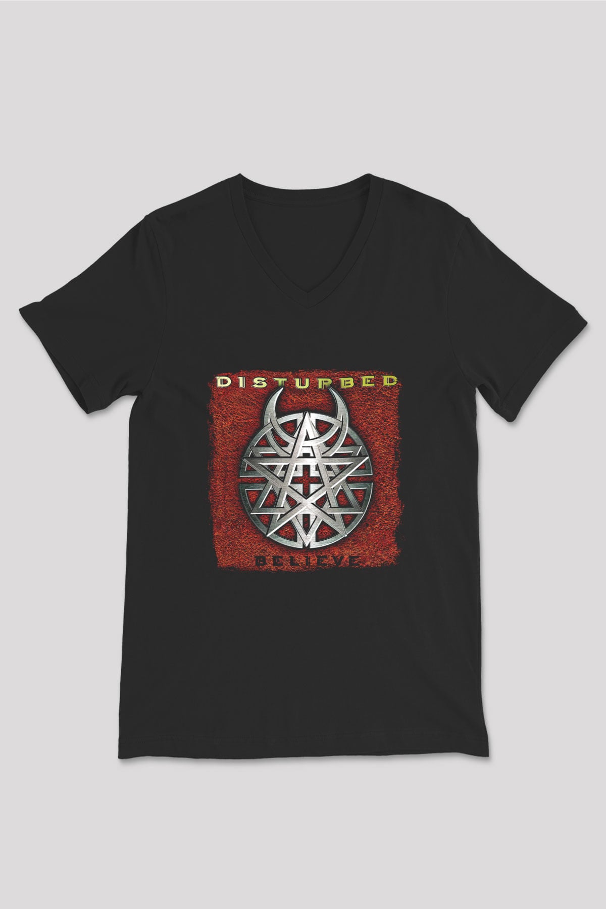 Disturbed Baskılı Unisex Siyah V Yaka Tişört