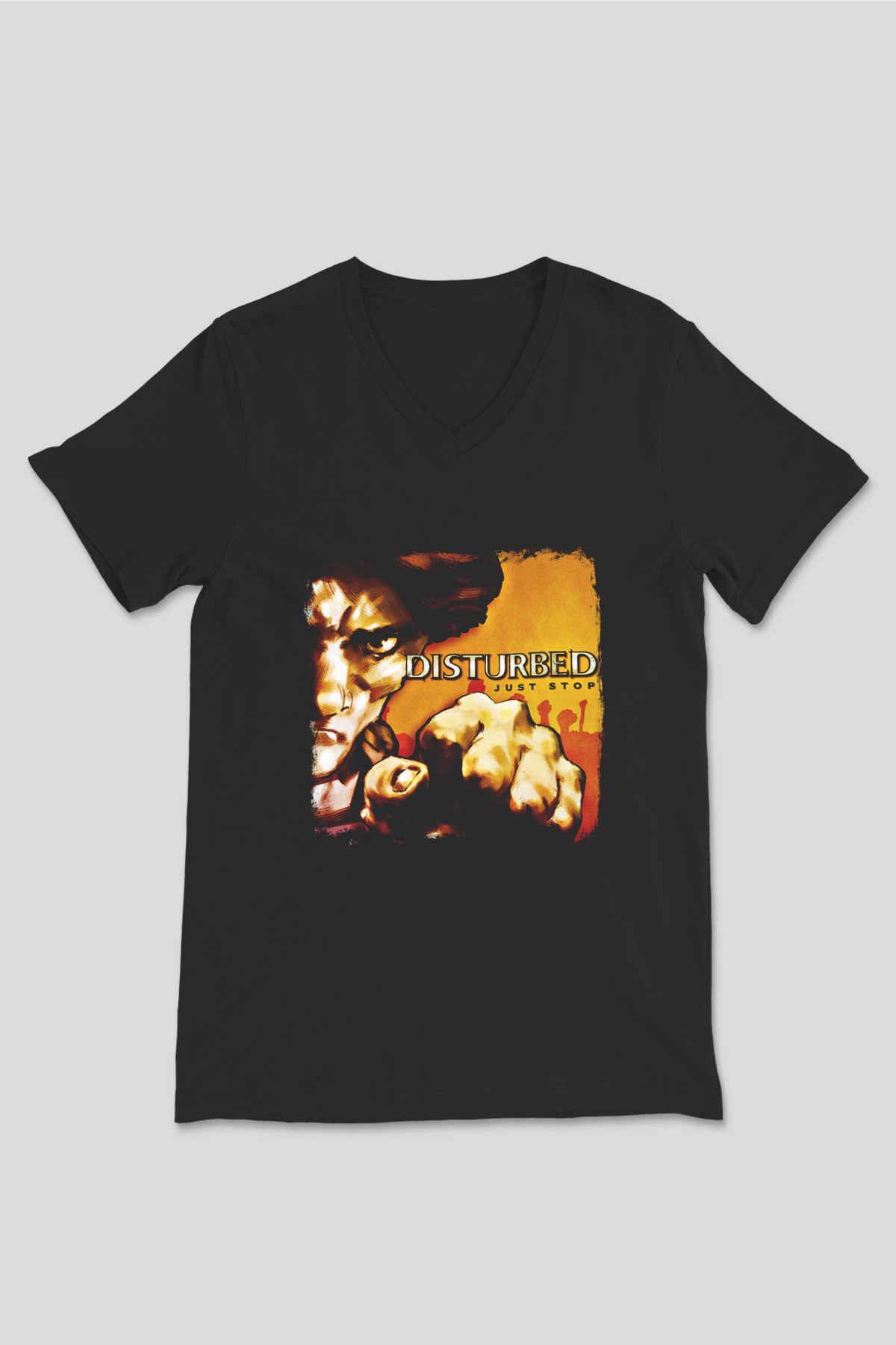 Disturbed Baskılı Unisex Siyah V Yaka Tişört