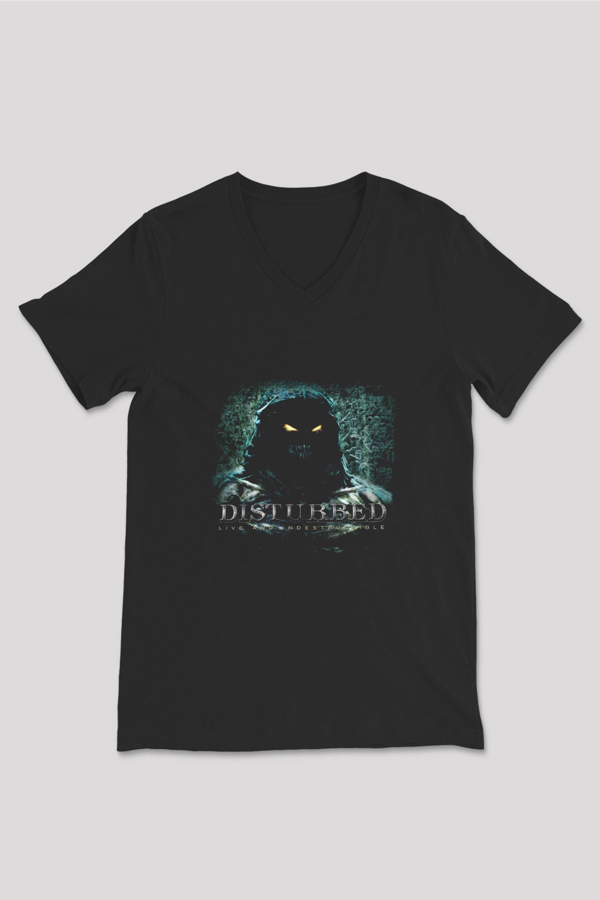 Disturbed Baskılı Unisex Siyah V Yaka Tişört