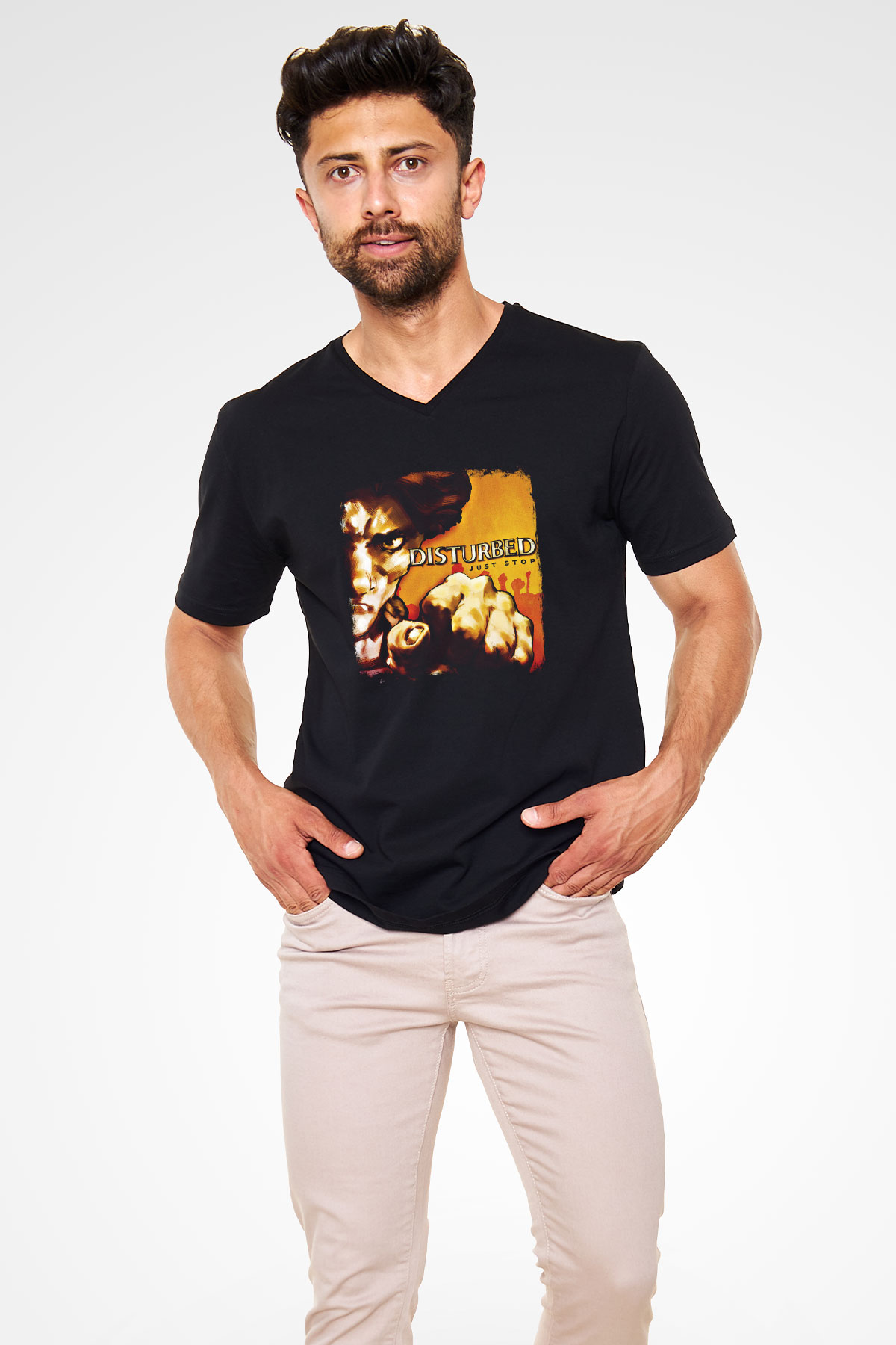 Disturbed Baskılı Unisex Siyah V Yaka Tişört