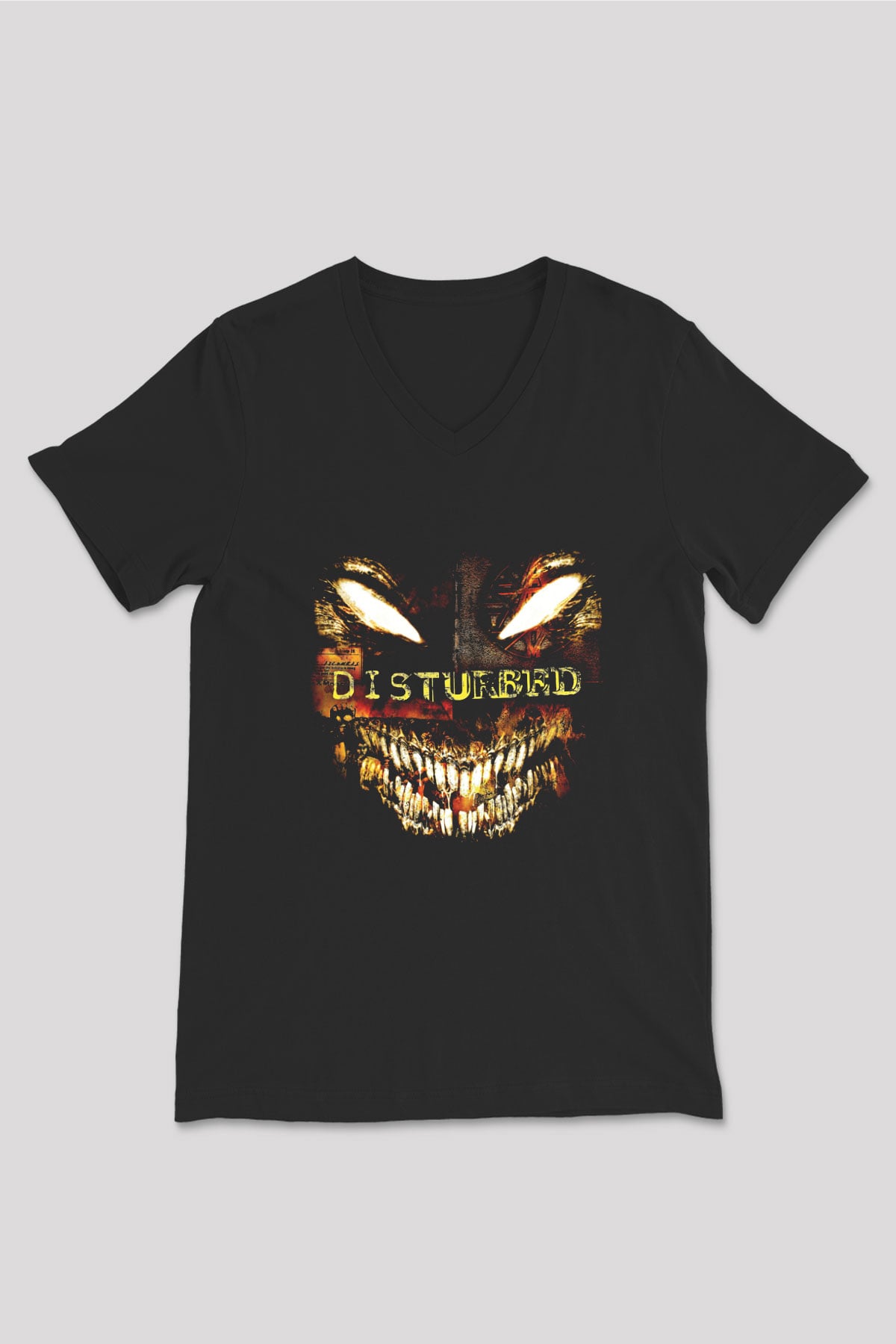 Disturbed Baskılı Unisex Siyah V Yaka Tişört