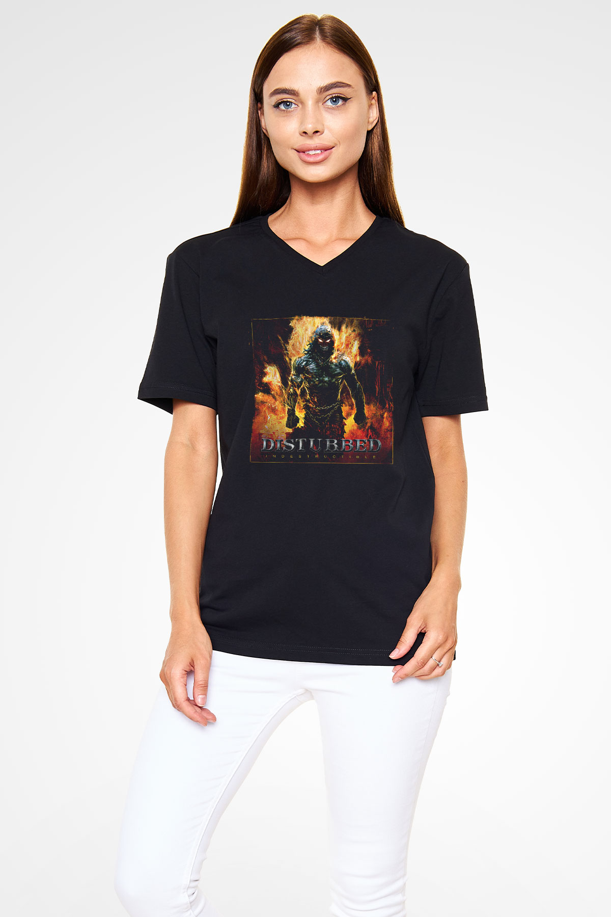 Disturbed Baskılı Unisex Siyah V Yaka Tişört