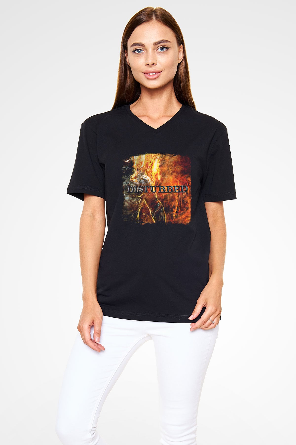 Disturbed Baskılı Unisex Siyah V Yaka Tişört