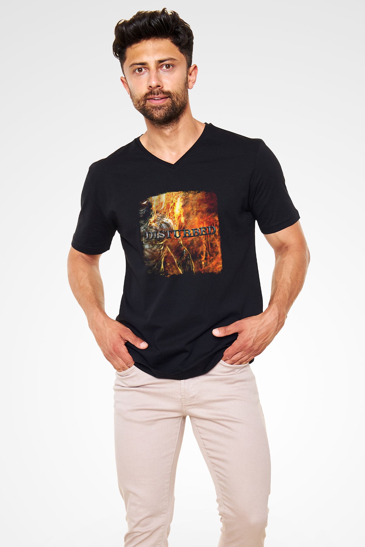 Disturbed Baskılı Unisex Siyah V Yaka Tişört