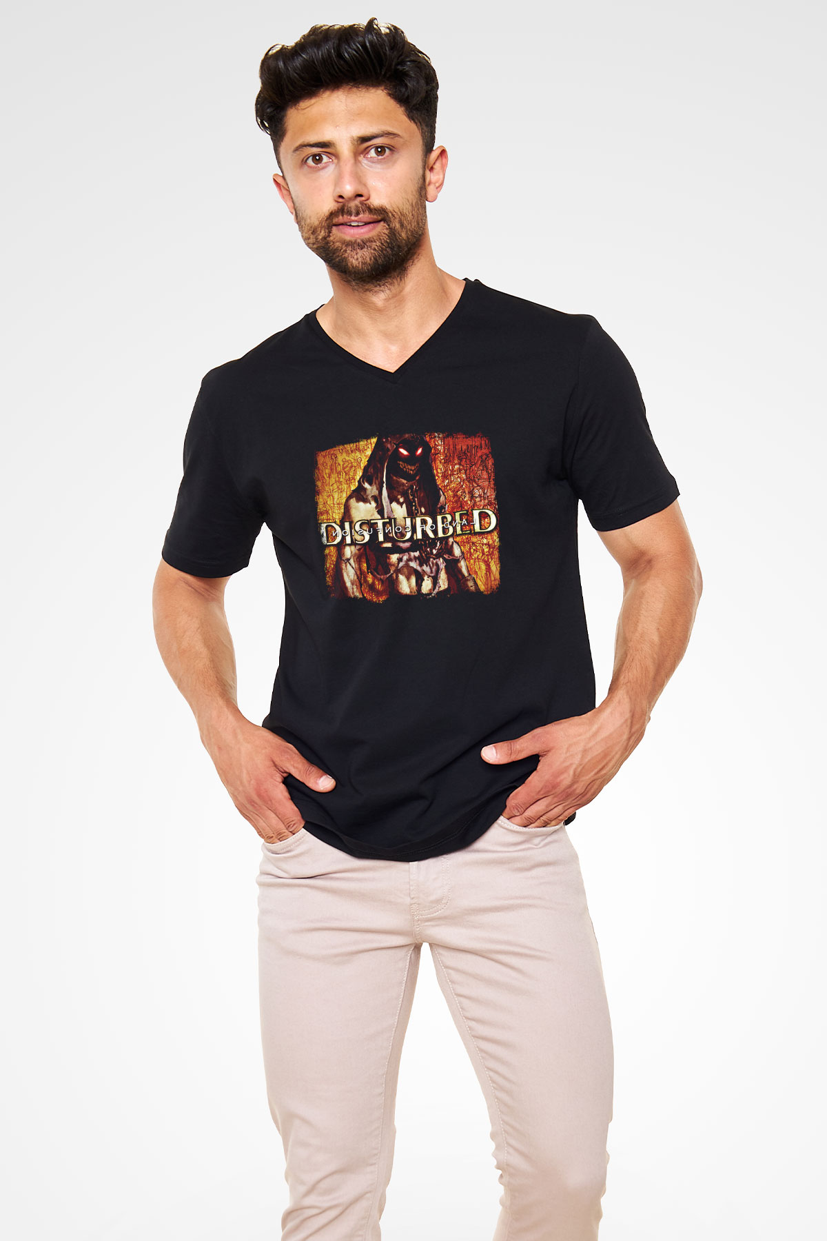 Disturbed Baskılı Unisex Siyah V Yaka Tişört