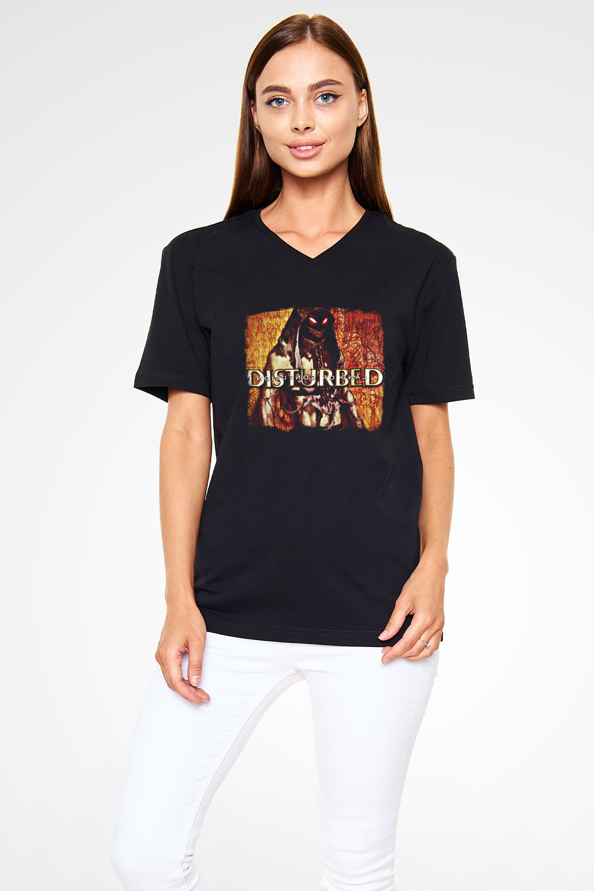 Disturbed Baskılı Unisex Siyah V Yaka Tişört