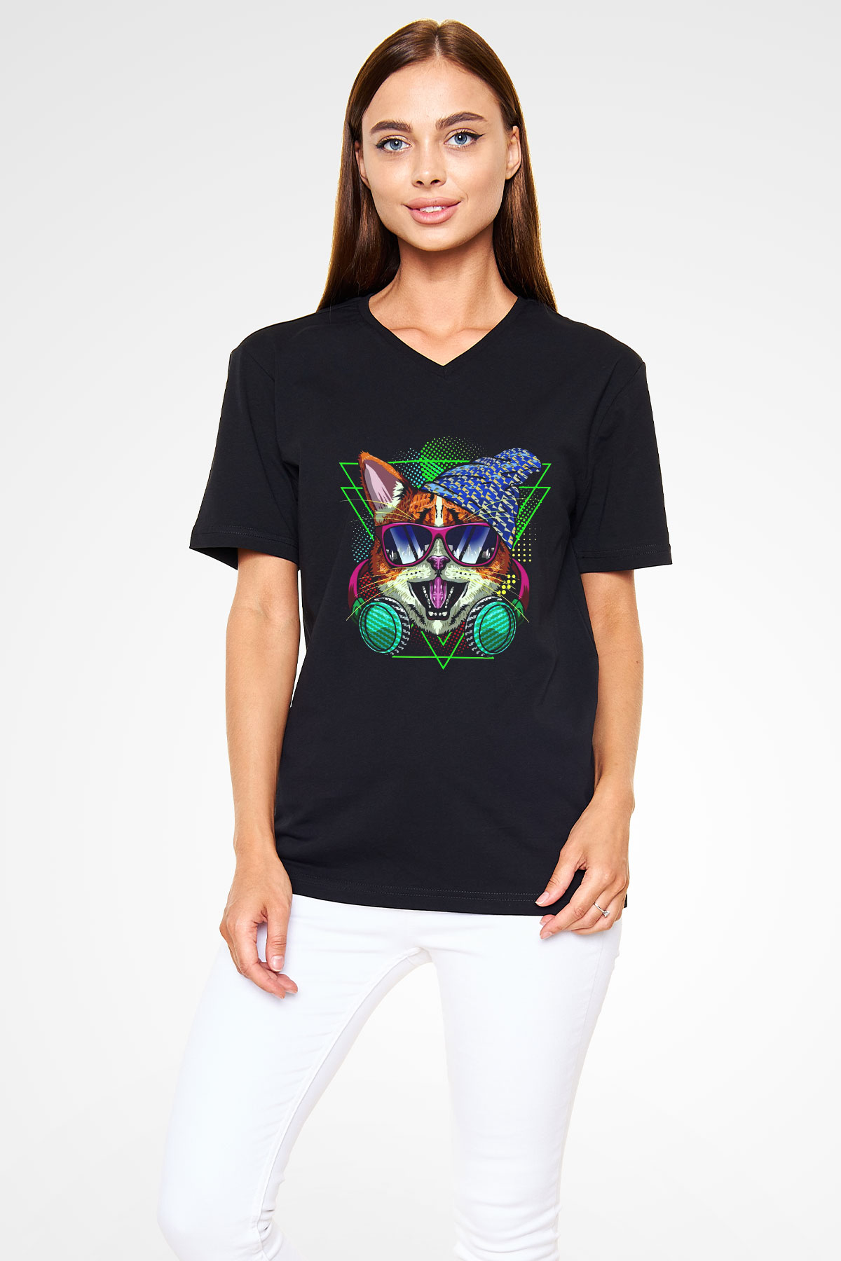 DJ Baskılı Unisex Siyah  V Yaka Tişört