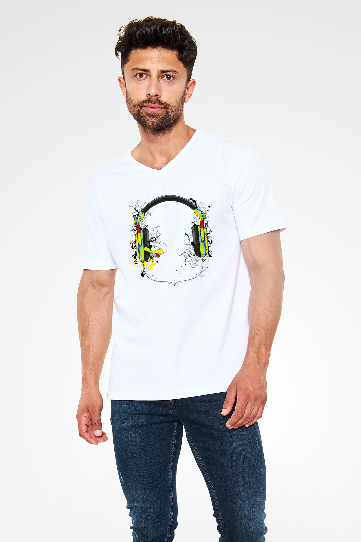 DJ Beyaz Unisex V Yaka Tişört T-Shirt