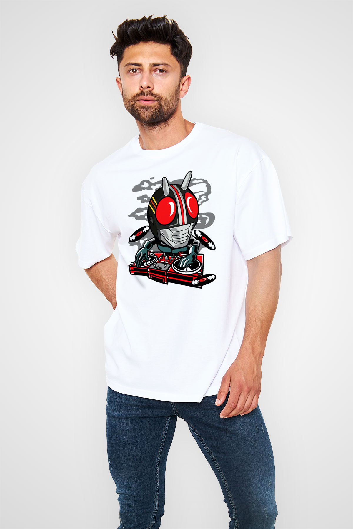DJ Kamen Baskılı Unisex Beyaz Oversize Tişört