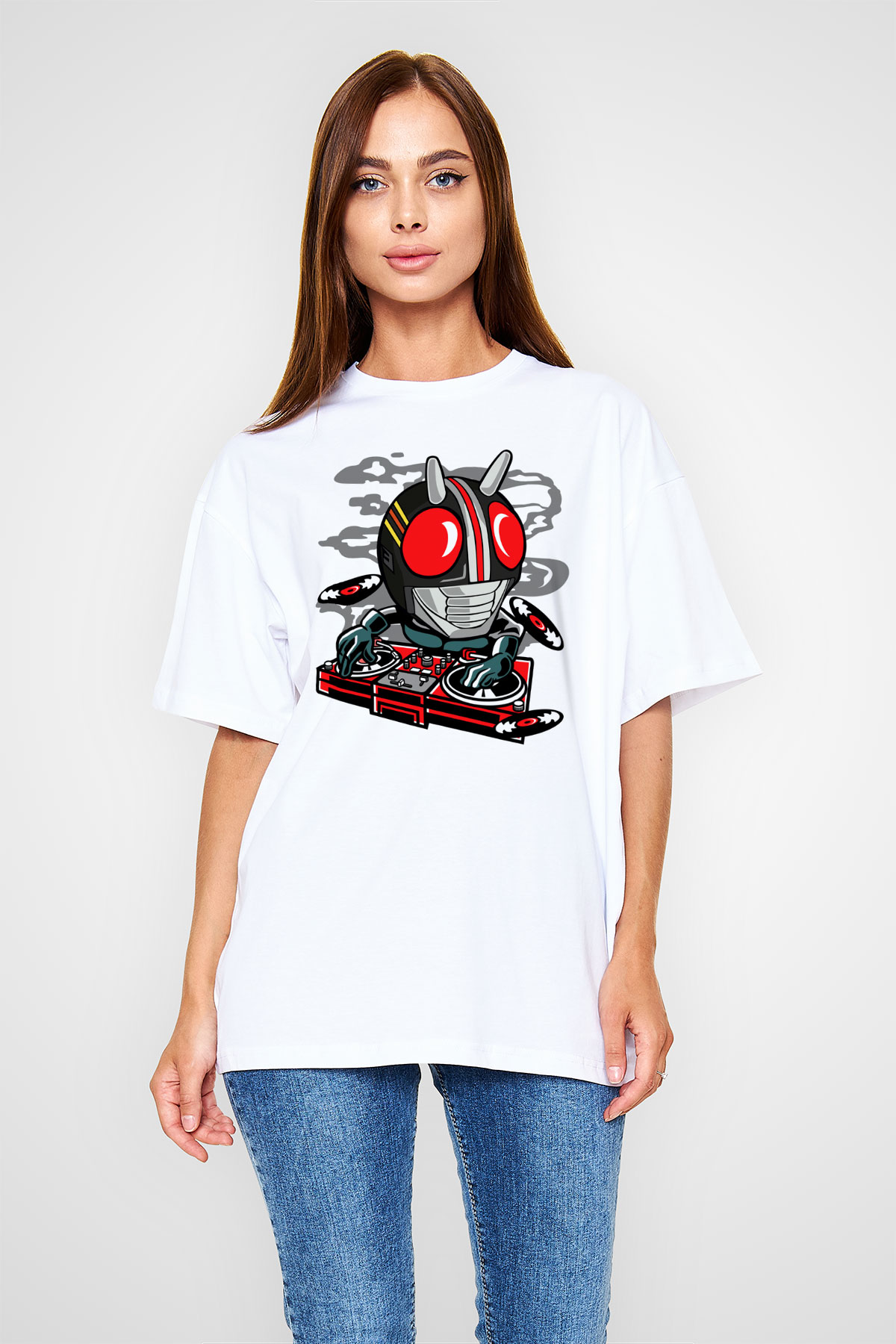 DJ Kamen Baskılı Unisex Beyaz Oversize Tişört