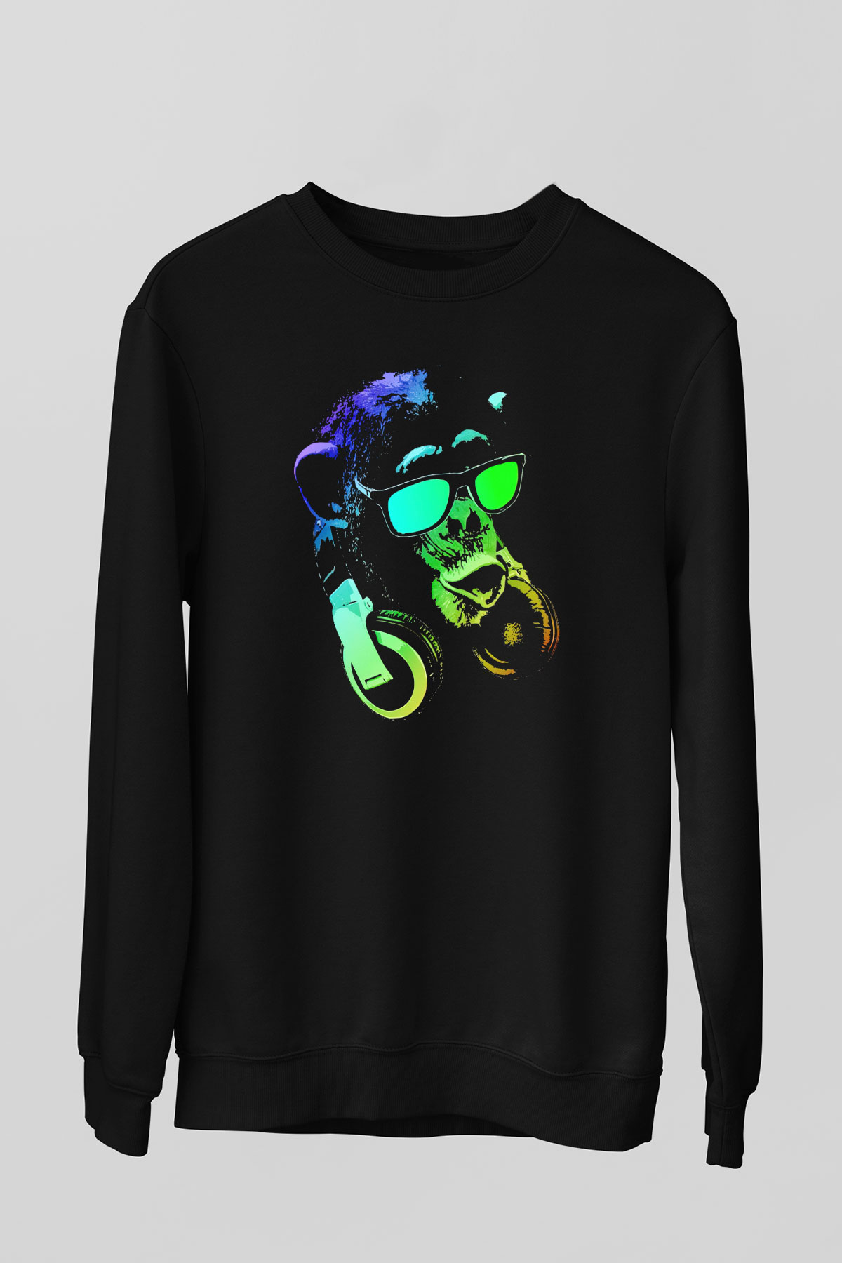 DJ Şempanze Baskılı Unisex Siyah  Sweatshirt