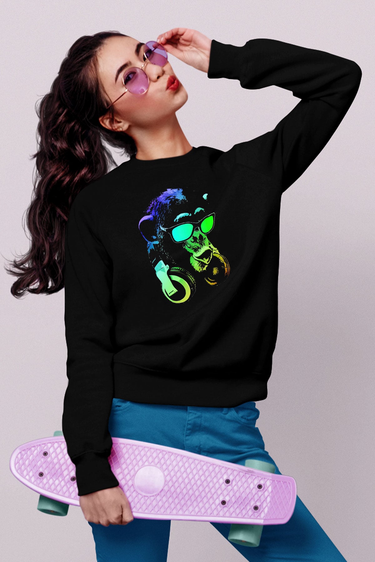 DJ Şempanze Baskılı Unisex Siyah  Sweatshirt
