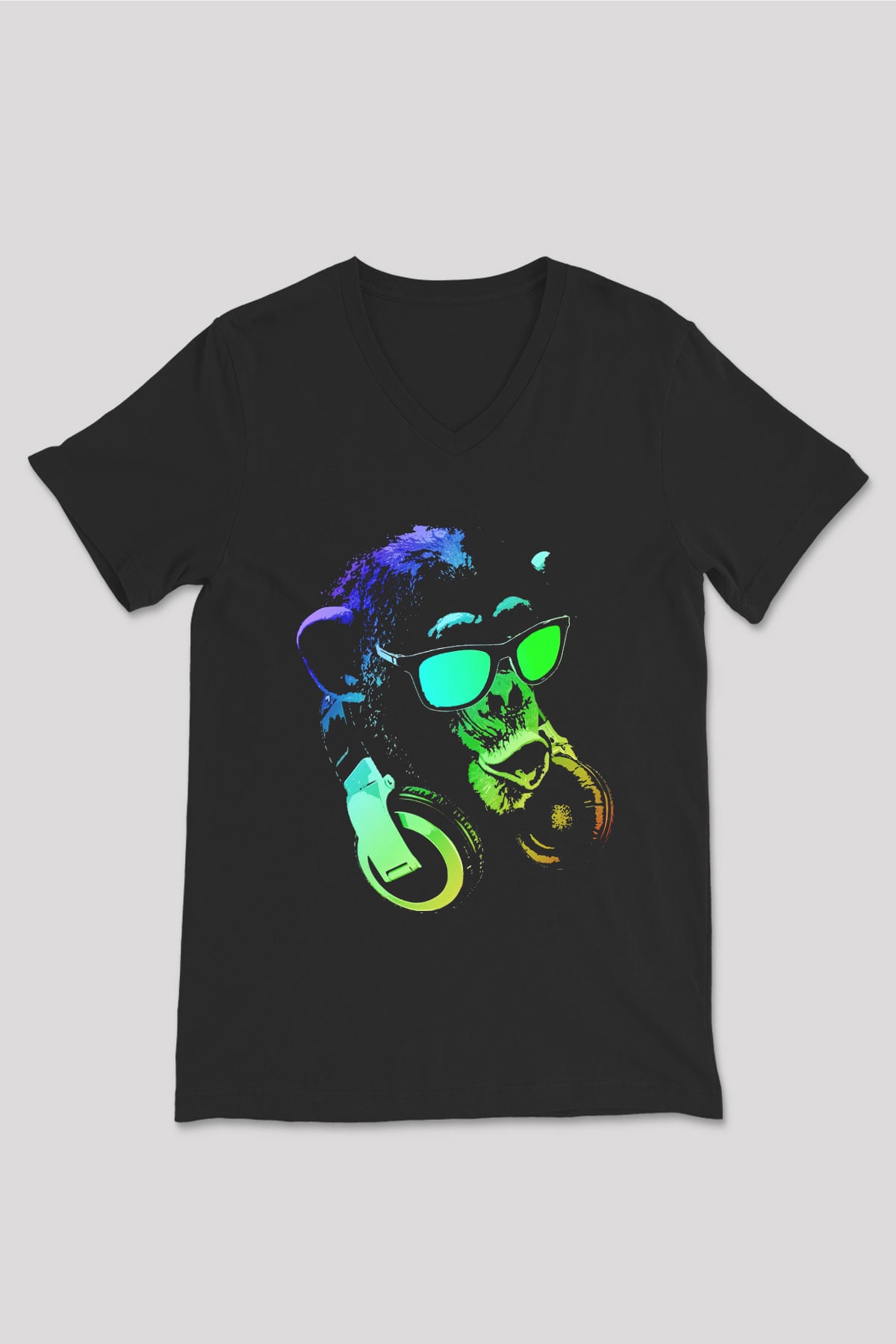 DJ Şempanze Baskılı Unisex Siyah  V Yaka Tişört