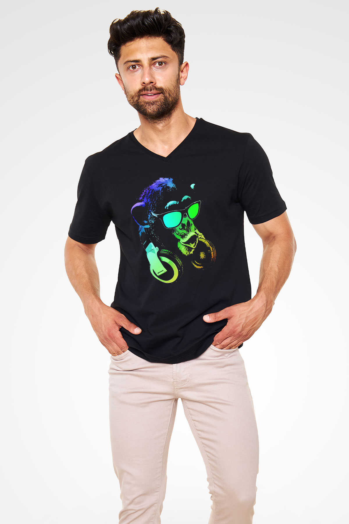 DJ Şempanze Baskılı Unisex Siyah  V Yaka Tişört