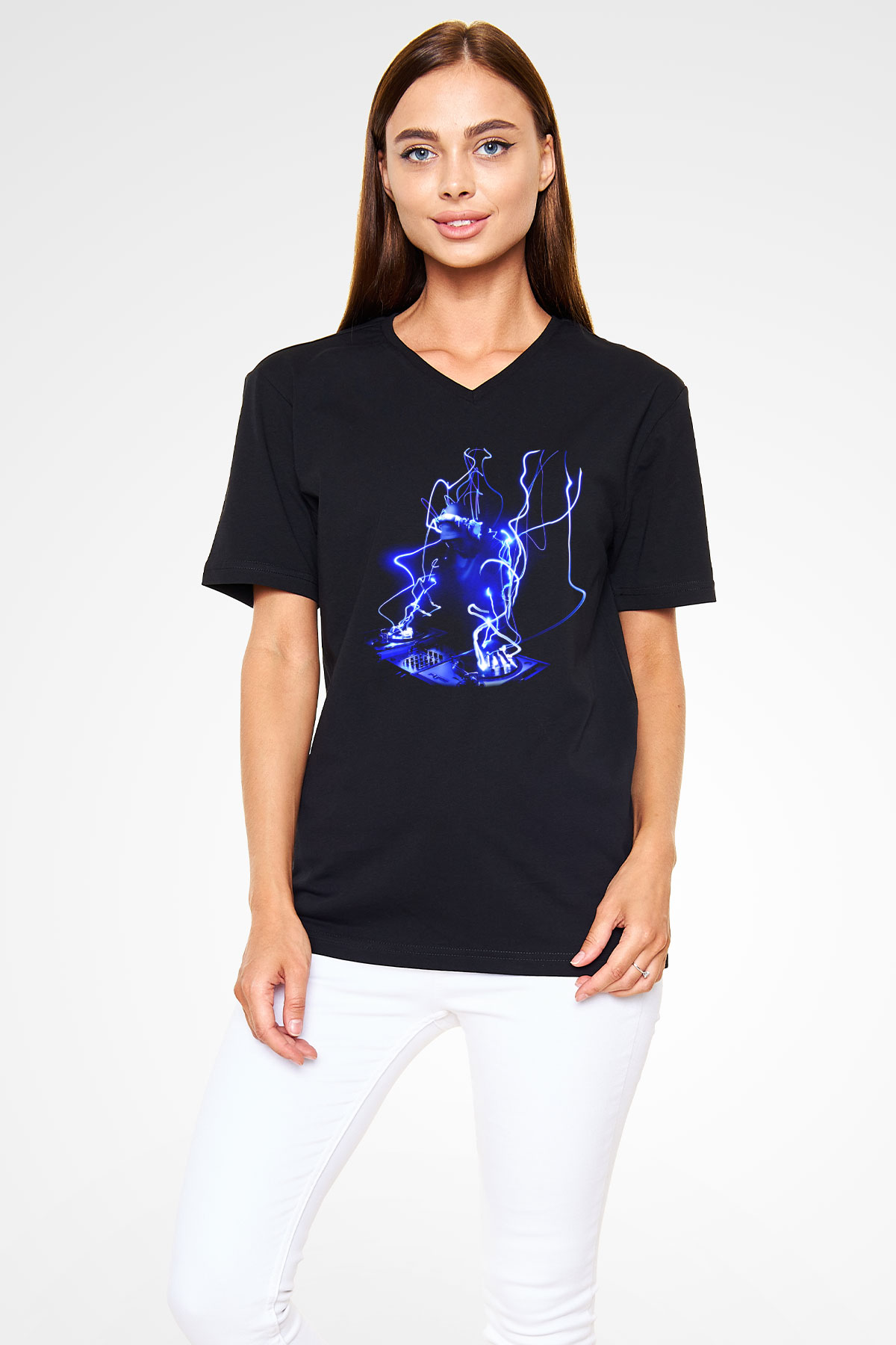 DJ Siyah Unisex V Yaka Tişört T-Shirt