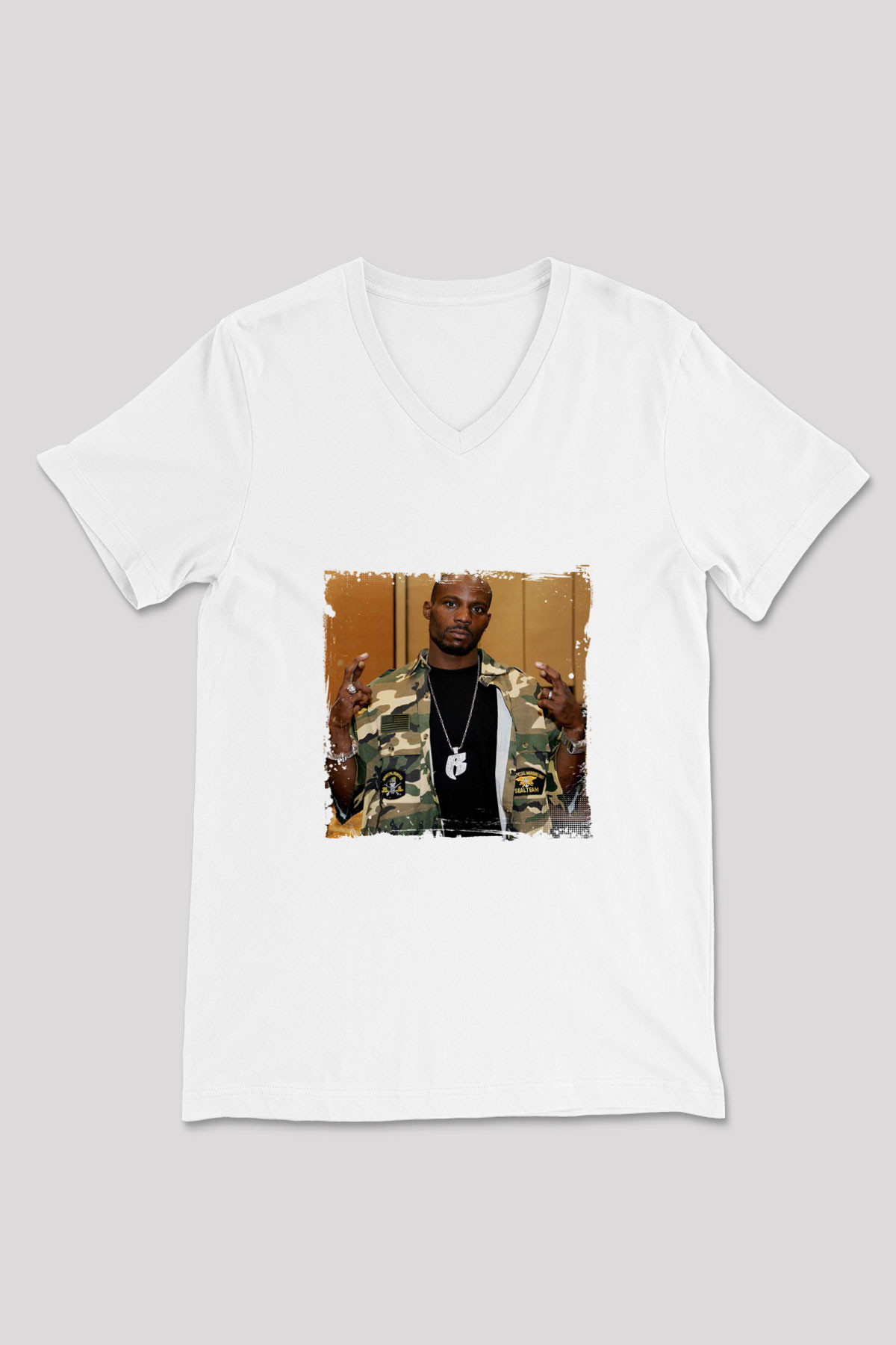DMX Baskılı Beyaz V Yaka Unisex Tişört