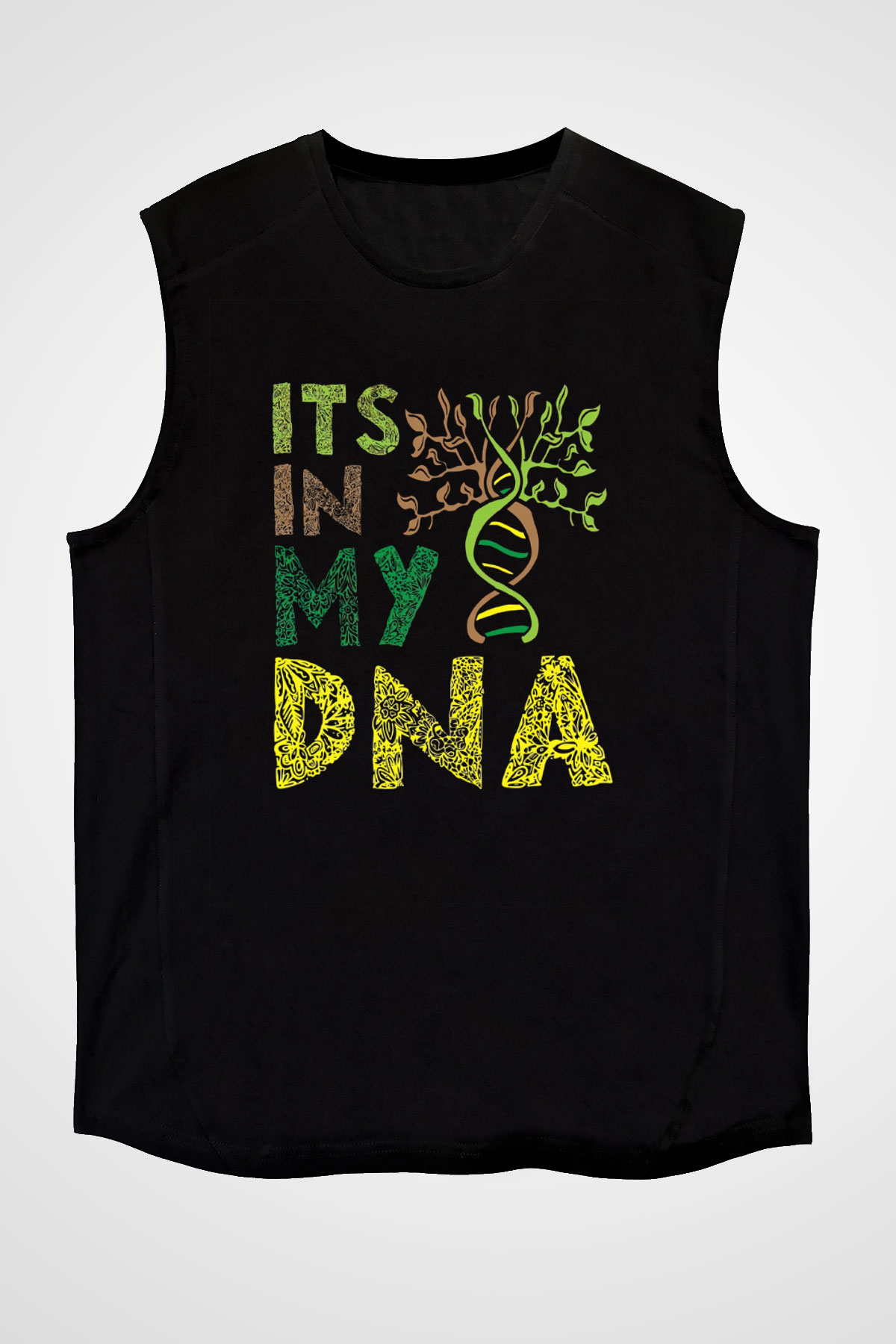 DNA Bahçe Baskılı Unisex Kolsuz Siyah Tişört - Tshirt