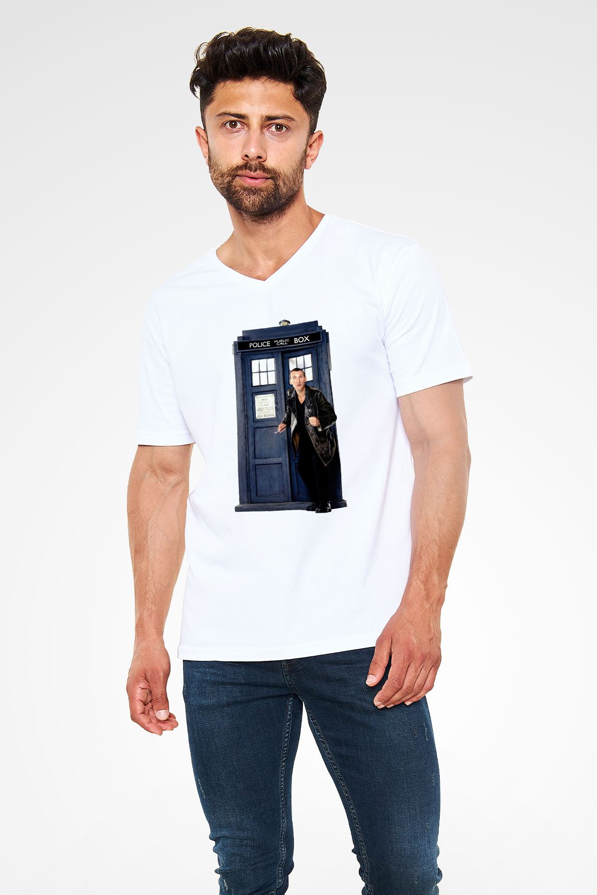 Doctor Who Beyaz Unisex V Yaka Tişört T-Shirt