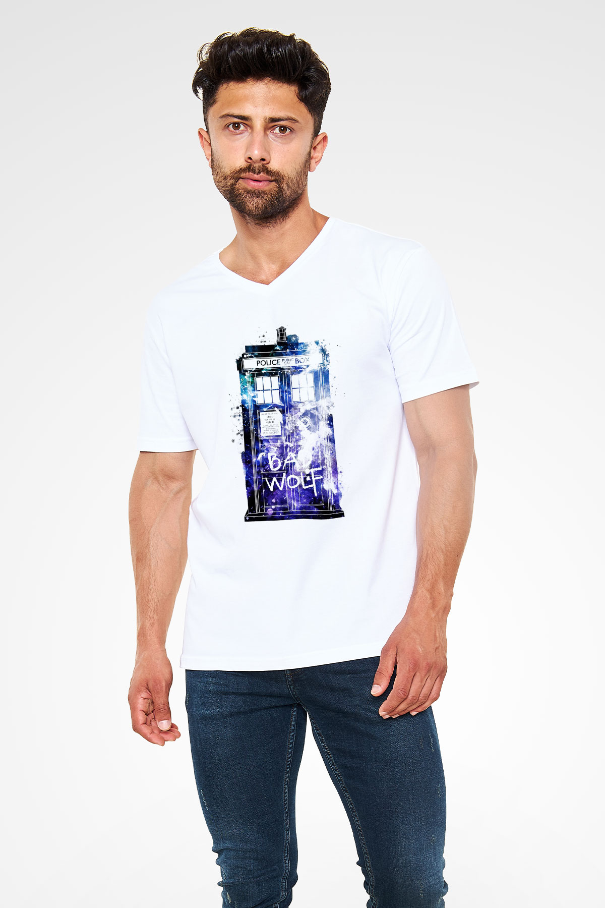 Doctor Who Beyaz Unisex V Yaka Tişört T-Shirt