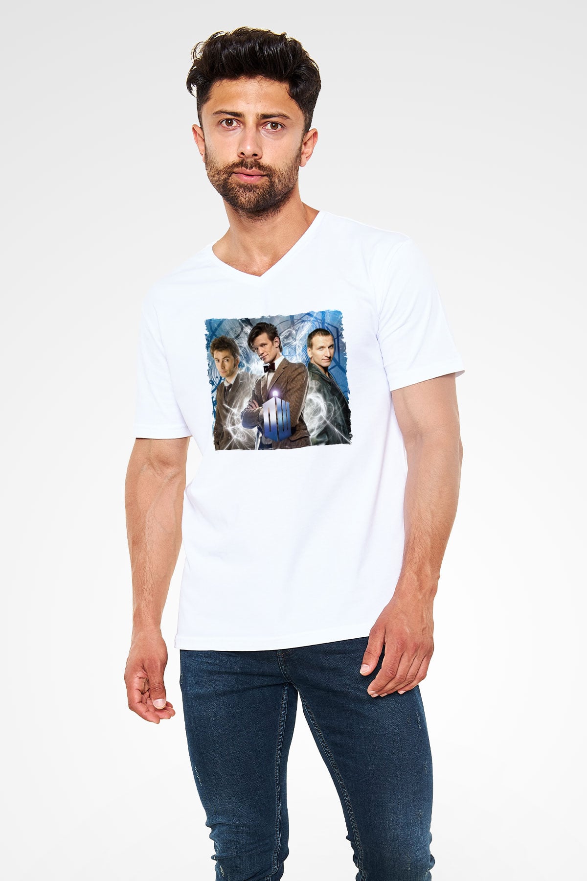 Doctor Who Beyaz Unisex V Yaka Tişört