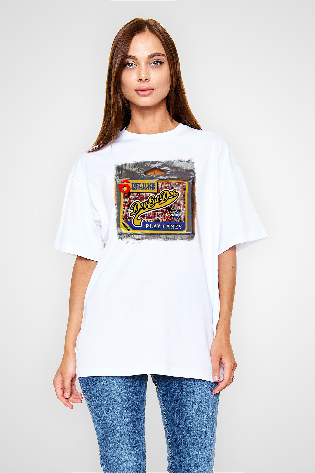 Dog Eat Dog Baskılı Unisex Beyaz Oversize Tişört