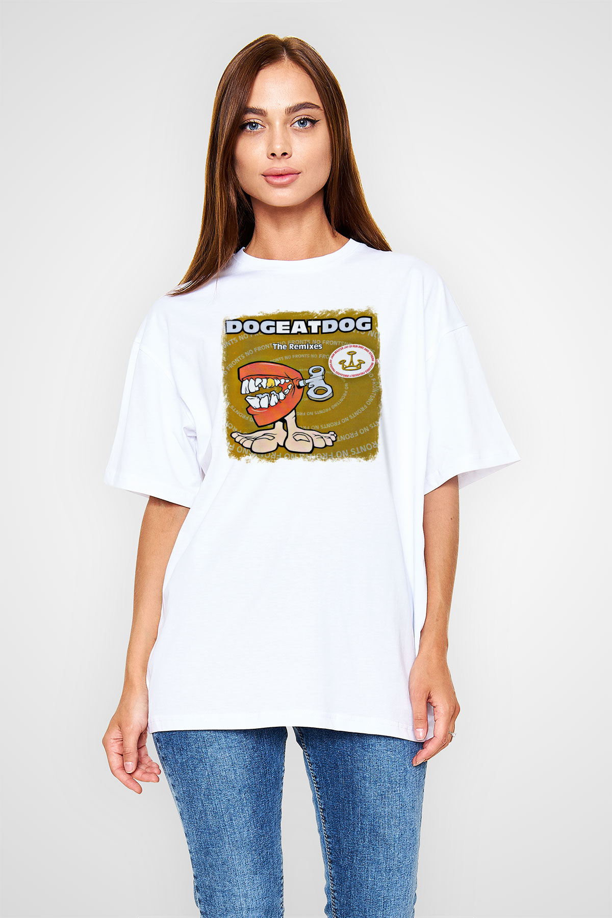Dog Eat Dog Baskılı Unisex Beyaz Oversize Tişört