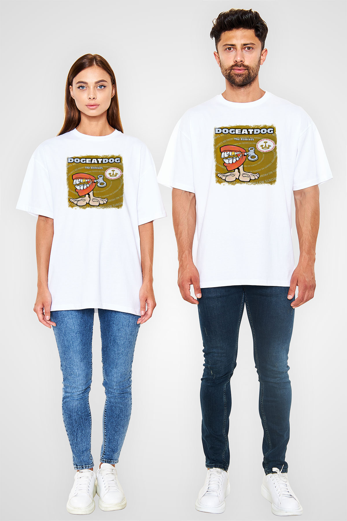 Dog Eat Dog Baskılı Unisex Beyaz Oversize Tişört