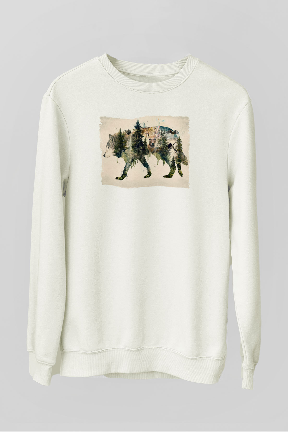 Doğa ile İç İçe Kurt Baskılı Unisex Beyaz  Sweatshirt