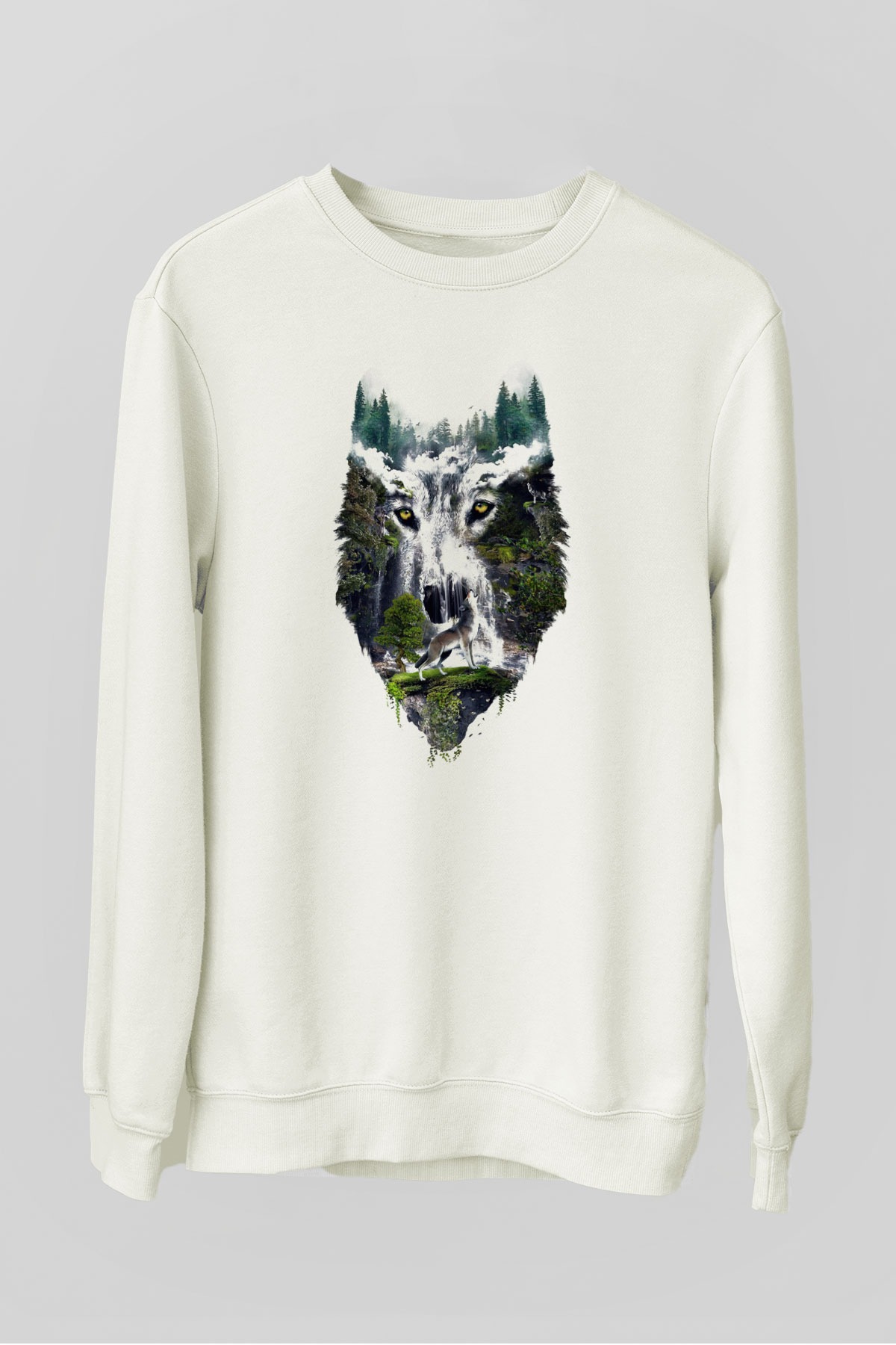 Doğa ve Kurt Baskılı Unisex Beyaz  Sweatshirt