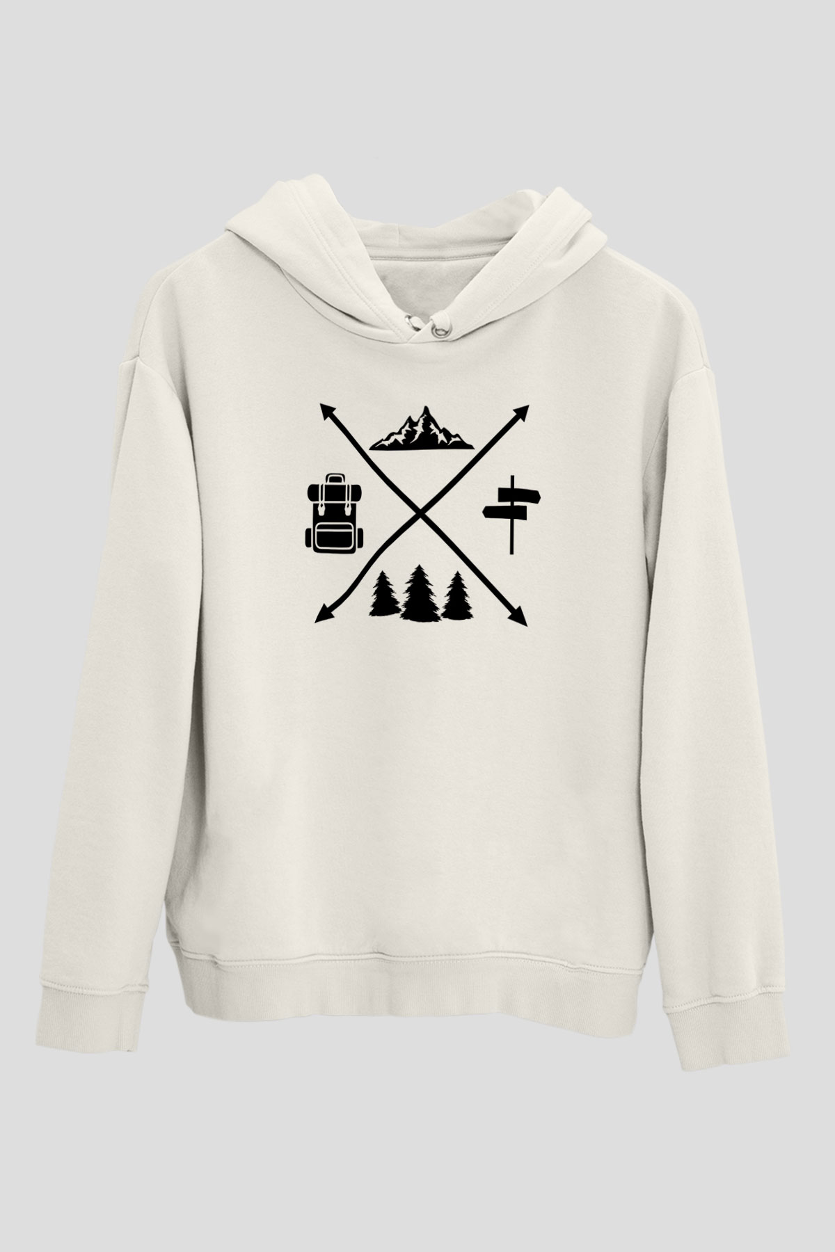 Doğa Yürüyüşü Baskılı Unisex Ekru Hoodie