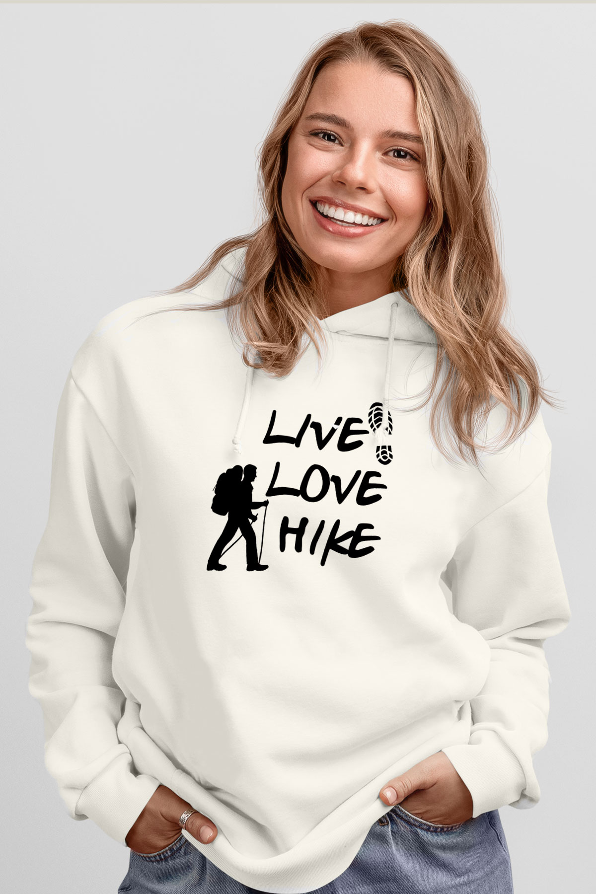 Doğa Yürüyüşü Baskılı Unisex Ekru Hoodie