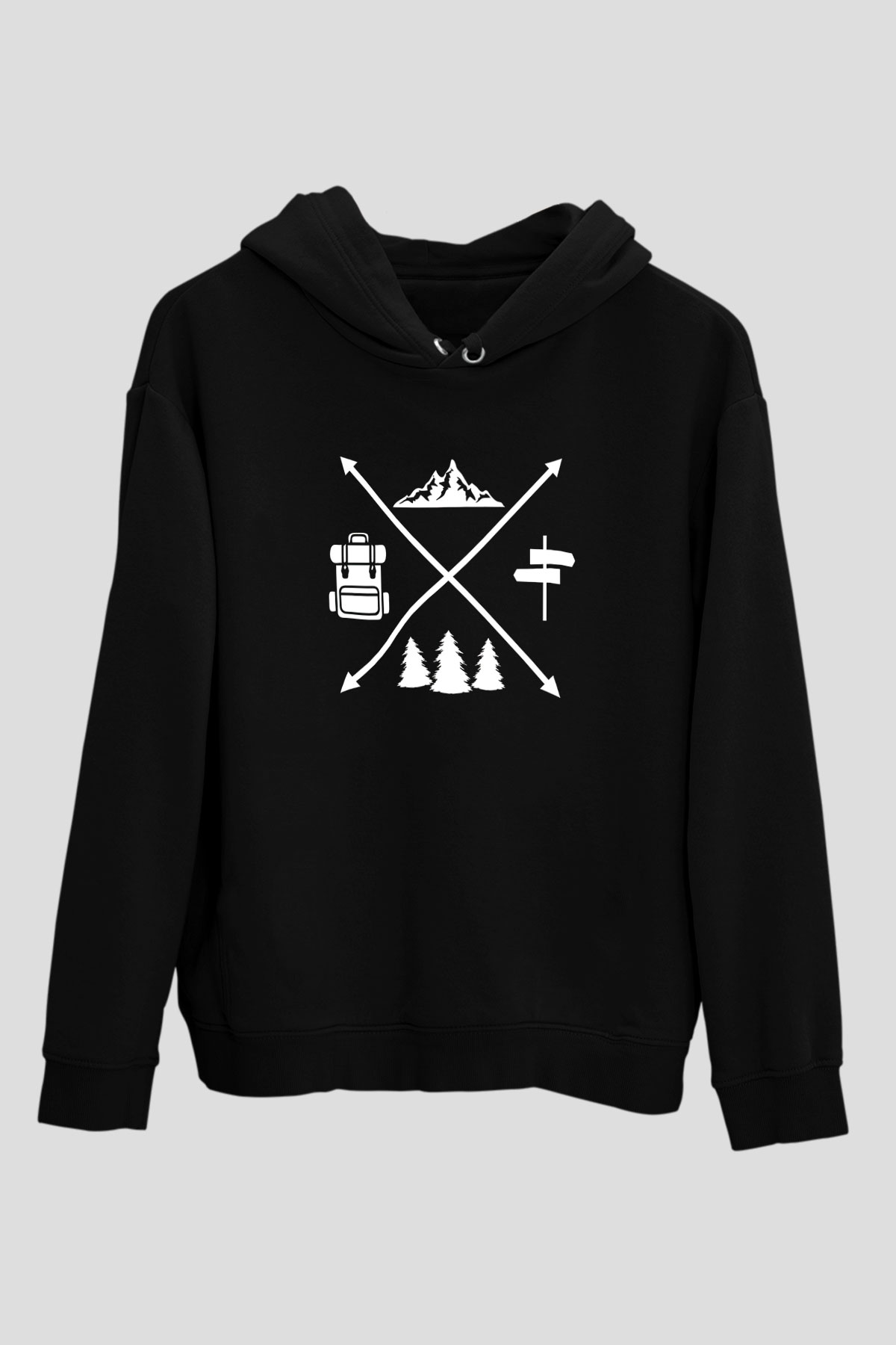 Doğa Yürüyüşü - Trekking Baskılı Unisex Siyah Kapüşonlu Sweatshirt