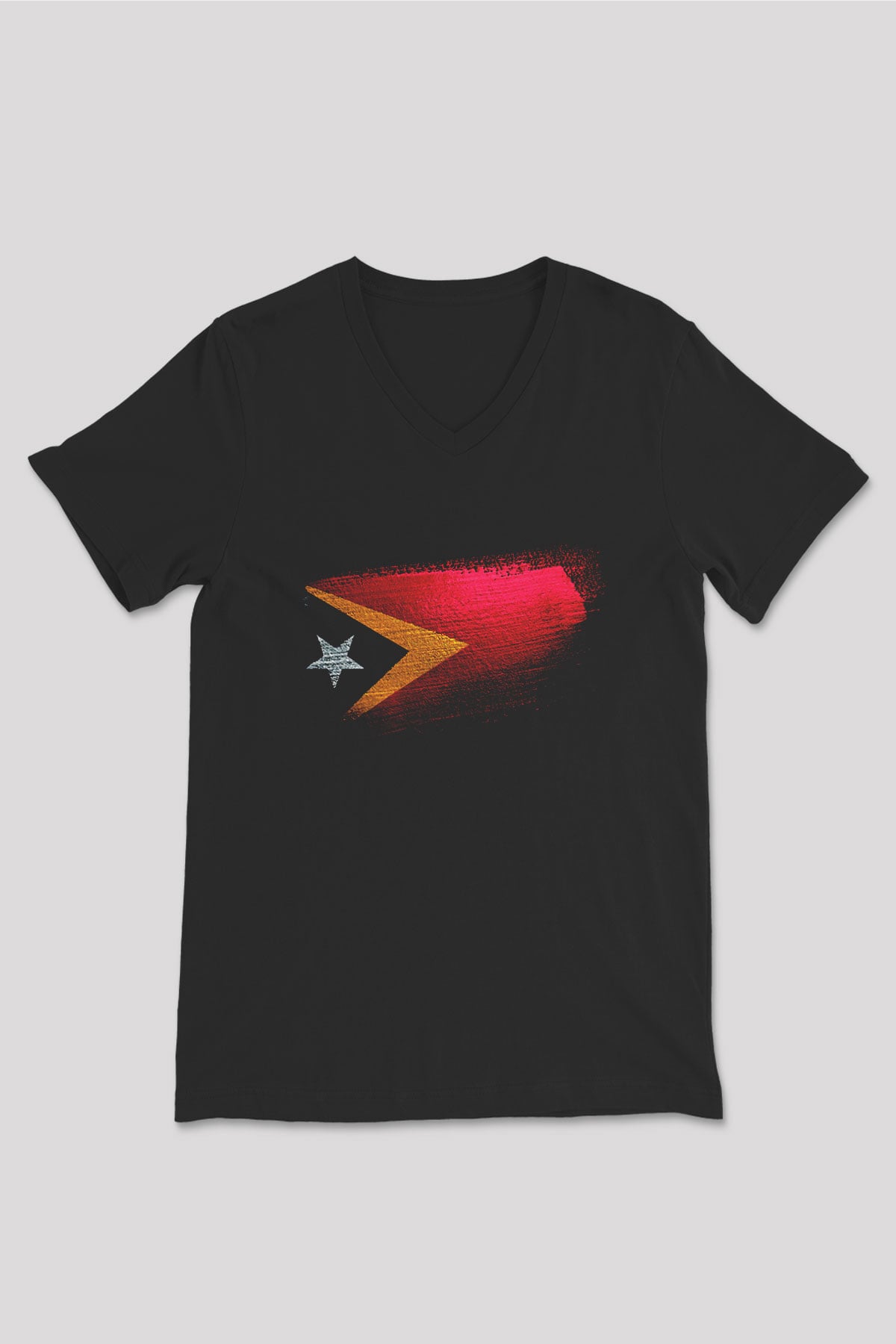 Doğu Timor - East Timor Bayrağı Baskılı Unisex Siyah V Yaka Tişört